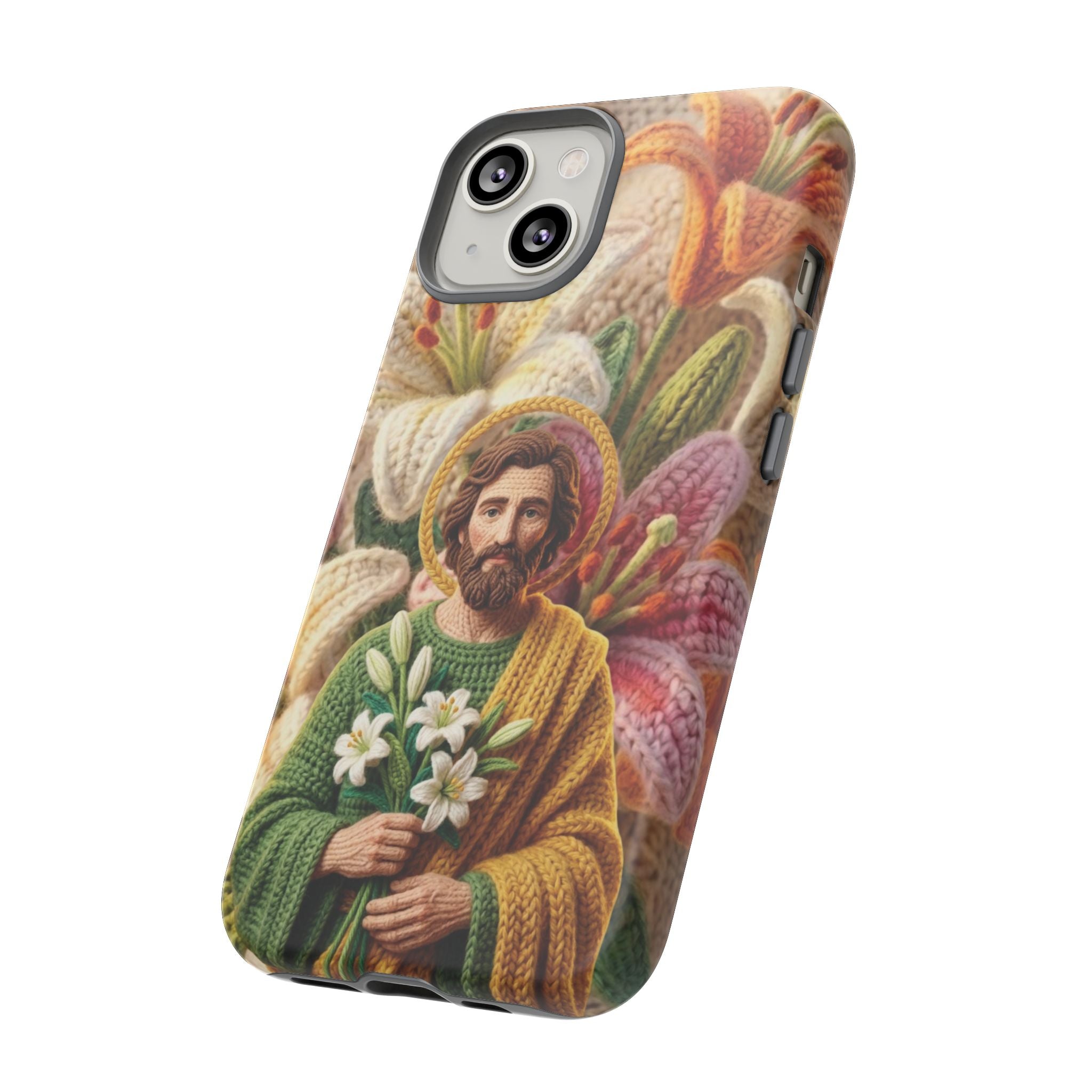 Phone Case Saint Joseph Lilies Design Holy Figure Phone Cover Faith Based Faux Yarn Saint of Workers Gift Samsung iPhone Pixel Models