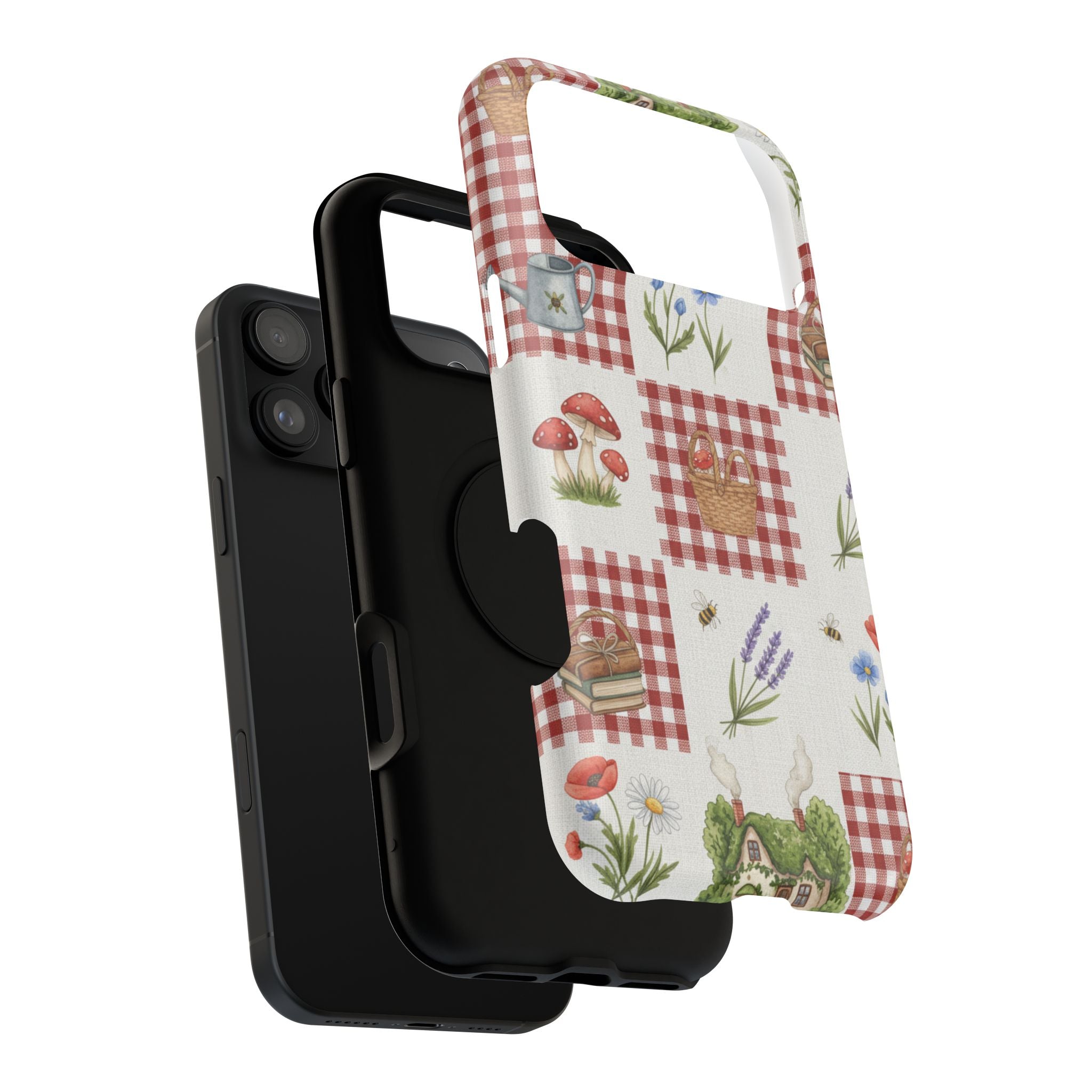 Red Gingham Check Phone Case Rustic Farmhouse Theme Watercolor Countryside Print Whimsical Floral Cell Phone Cover