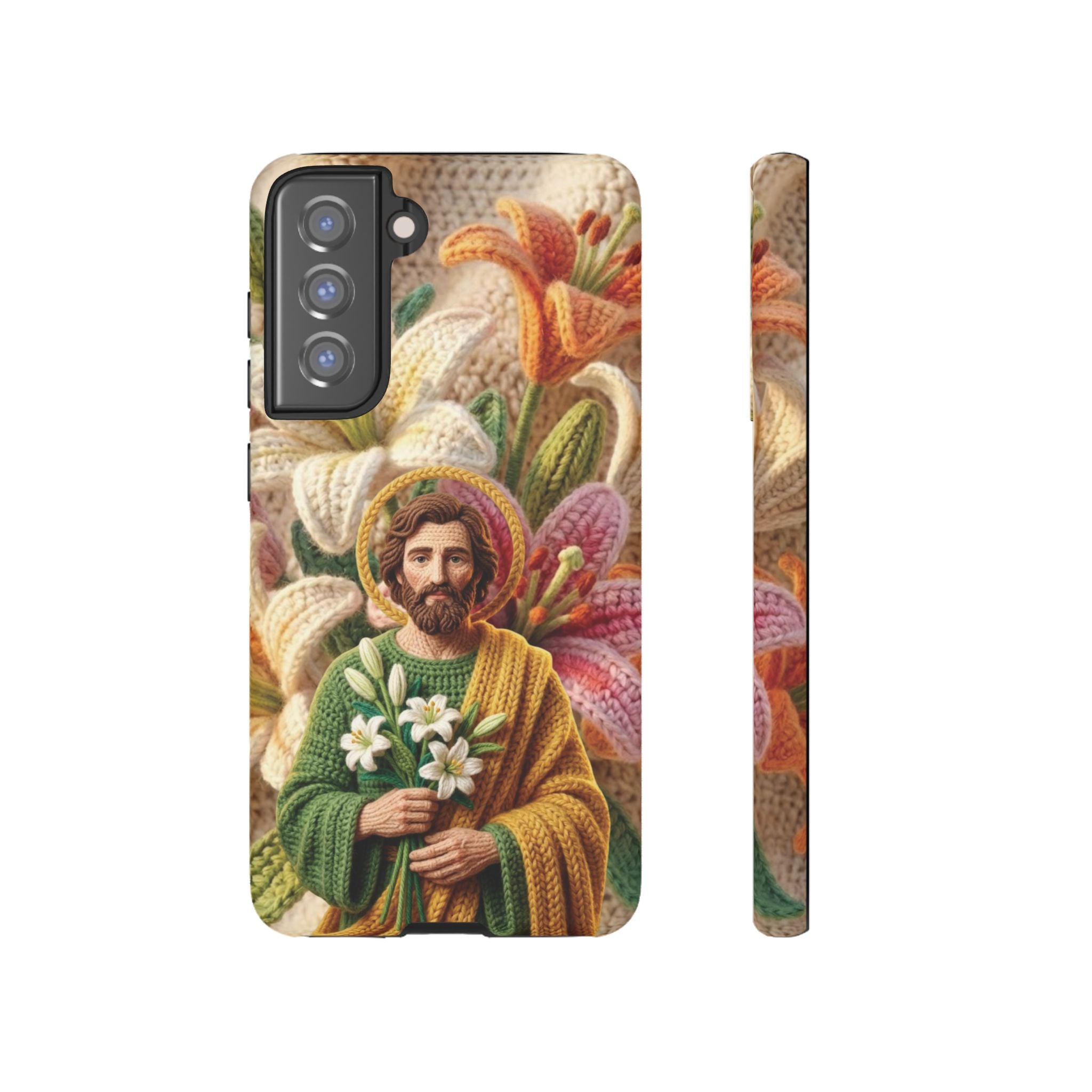 Phone Case Saint Joseph Lilies Design Holy Figure Phone Cover Faith Based Faux Yarn Saint of Workers Gift Samsung iPhone Pixel Models