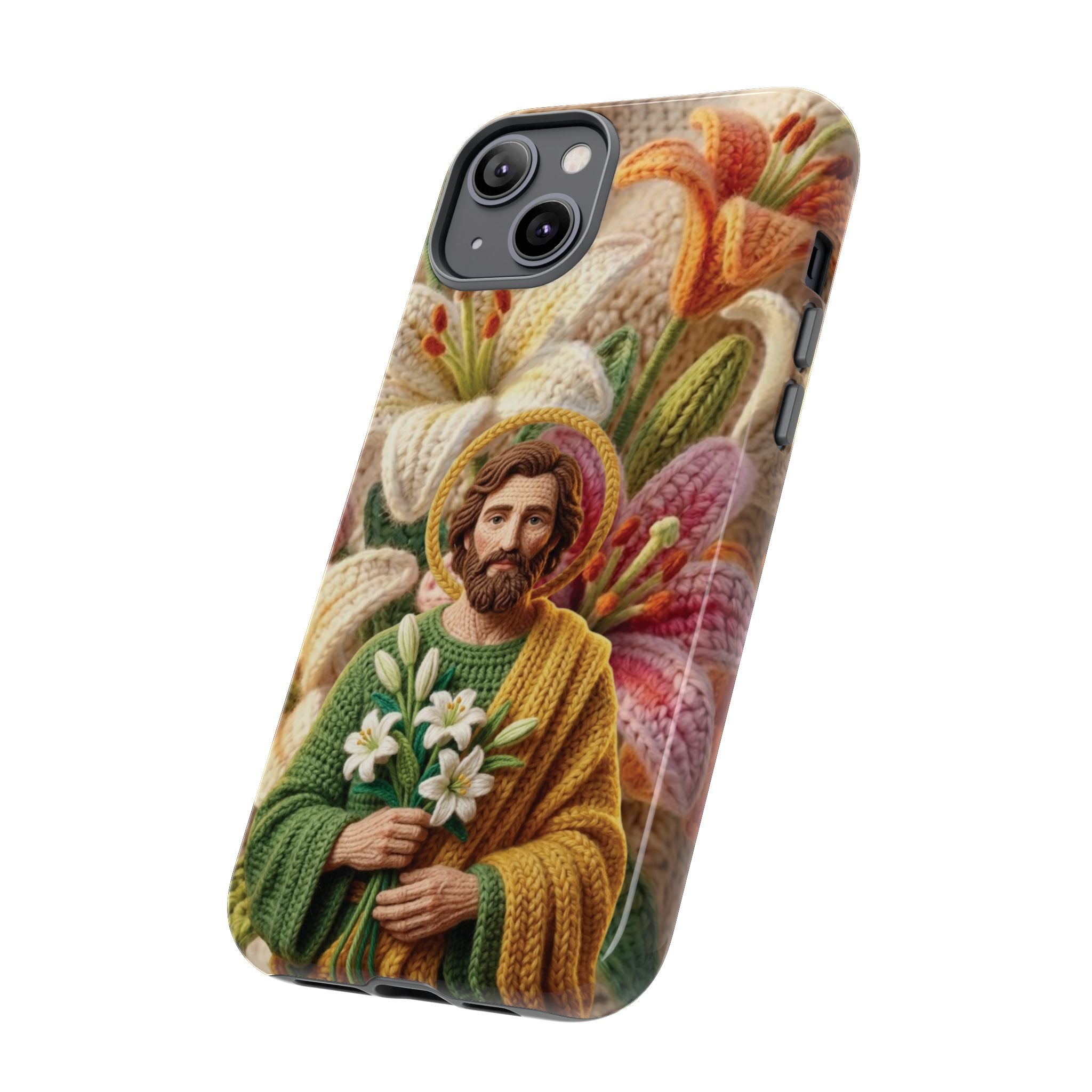 Phone Case Saint Joseph Lilies Design Holy Figure Phone Cover Faith Based Faux Yarn Saint of Workers Gift Samsung iPhone Pixel Models