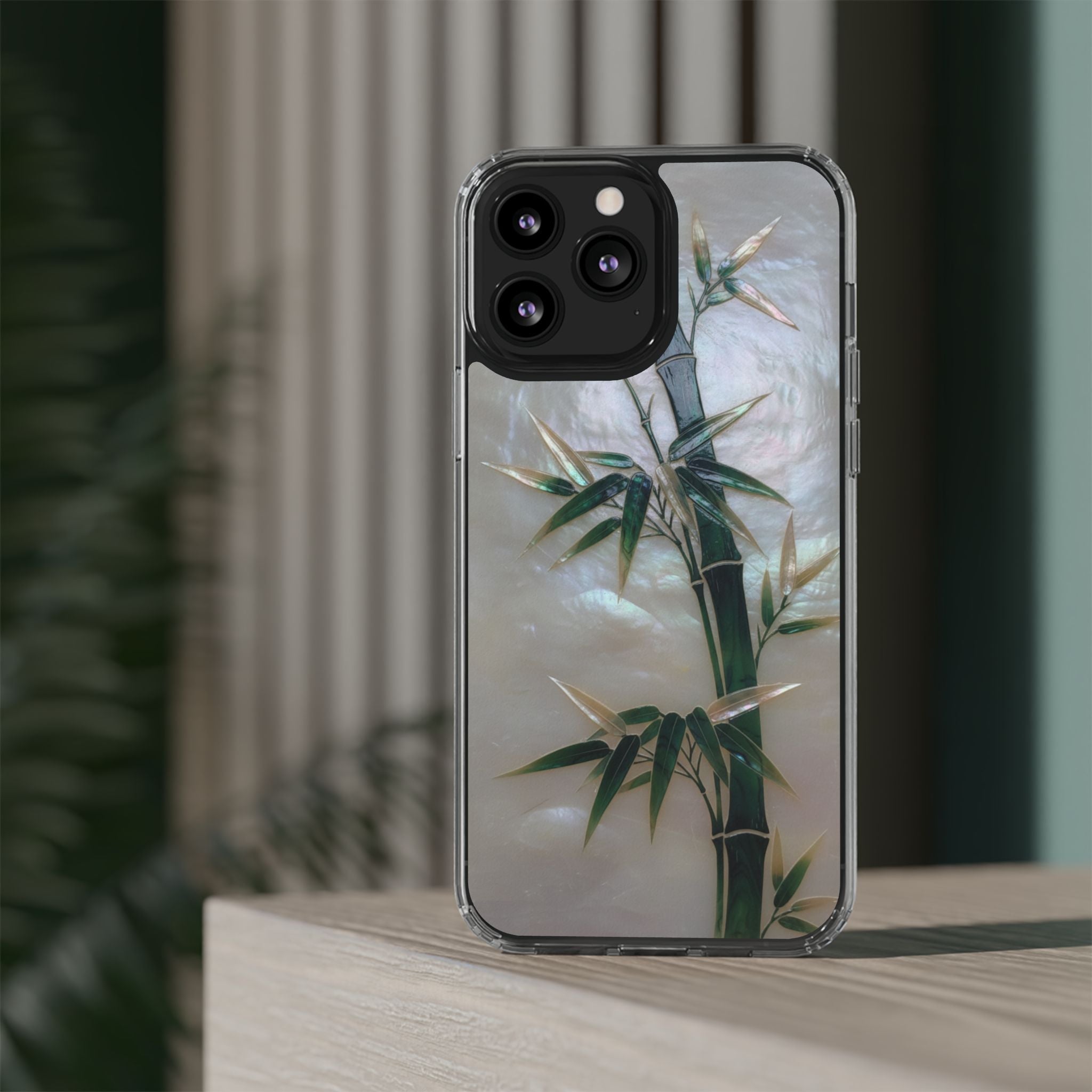 Mother of Pearl Inlay Bamboo Phone Case Nacre Art Green Bamboo Decor Handmade Pearl Shell Unique Iridescent Cover Natural Gift Idea