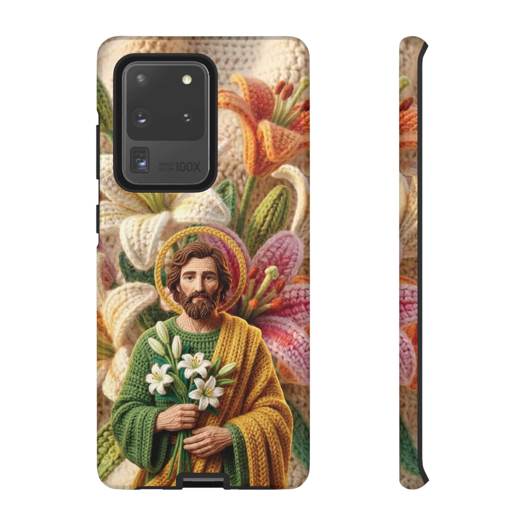 Phone Case Saint Joseph Lilies Design Holy Figure Phone Cover Faith Based Faux Yarn Saint of Workers Gift Samsung iPhone Pixel Models