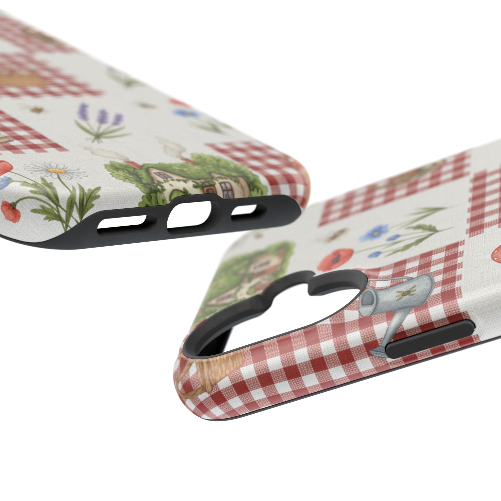 Red Gingham Check Phone Case Rustic Farmhouse Theme Watercolor Countryside Print Whimsical Floral Cell Phone Cover