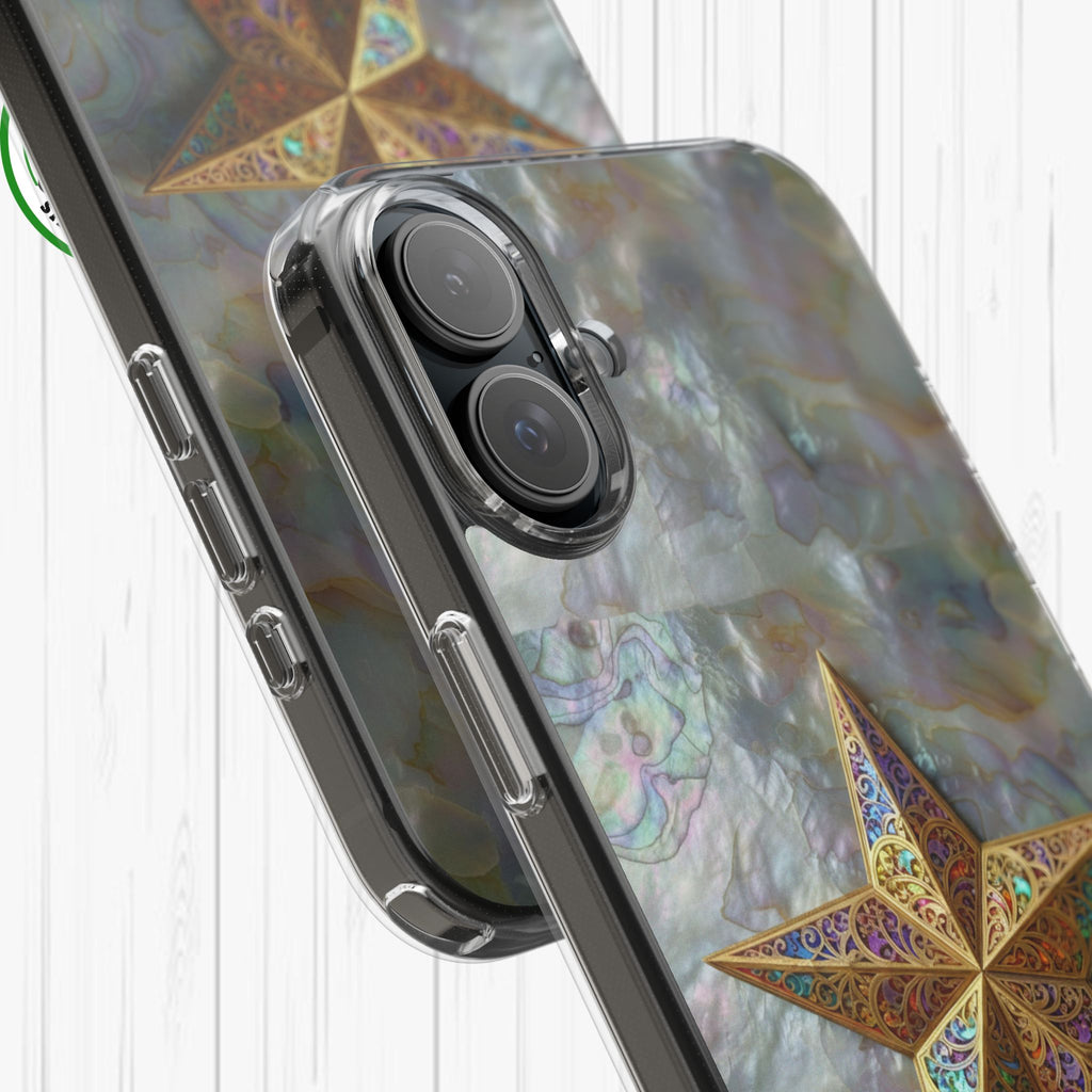 Golden Star Ornament Phone Case Mother of Pearl Background Nacre Texture Festive Celestial Decor Parol Inspired Shimmering Pearl Shell Gift