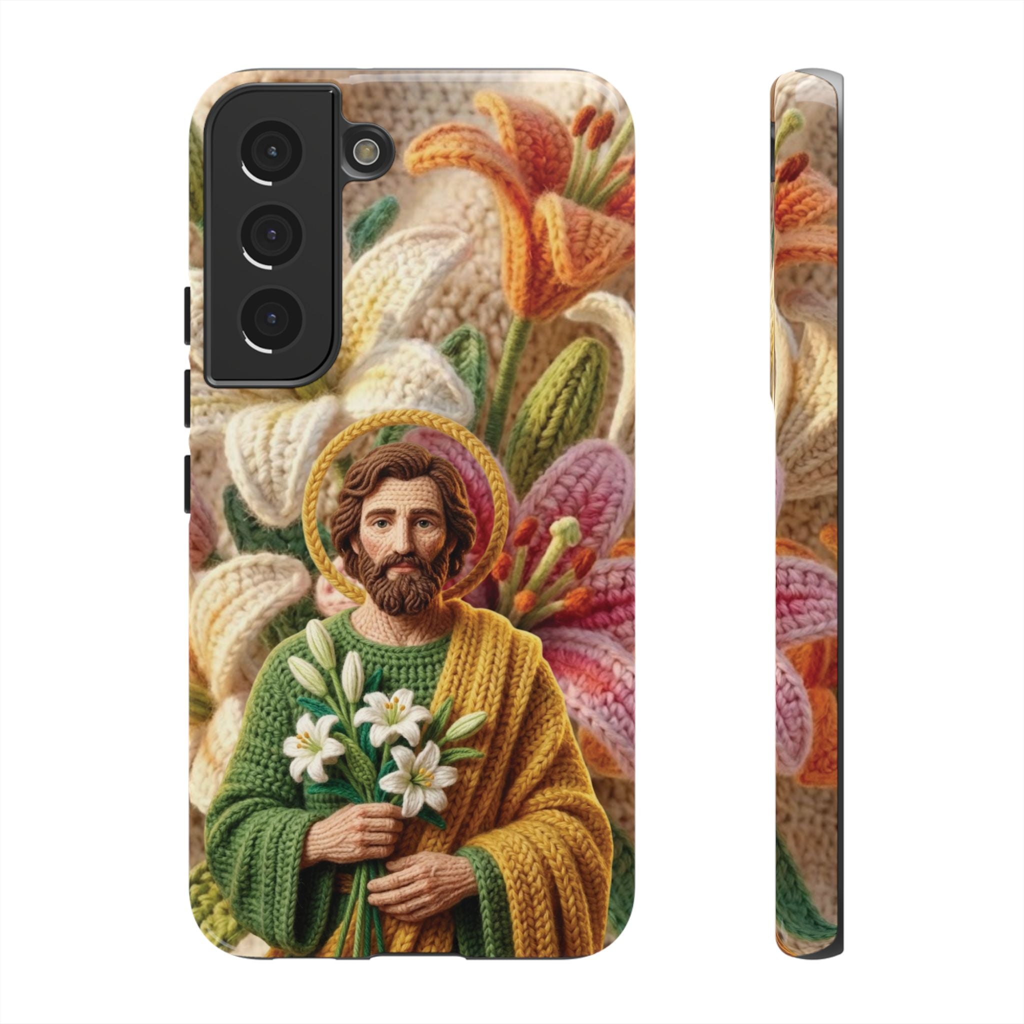 Phone Case Saint Joseph Lilies Design Holy Figure Phone Cover Faith Based Faux Yarn Saint of Workers Gift Samsung iPhone Pixel Models