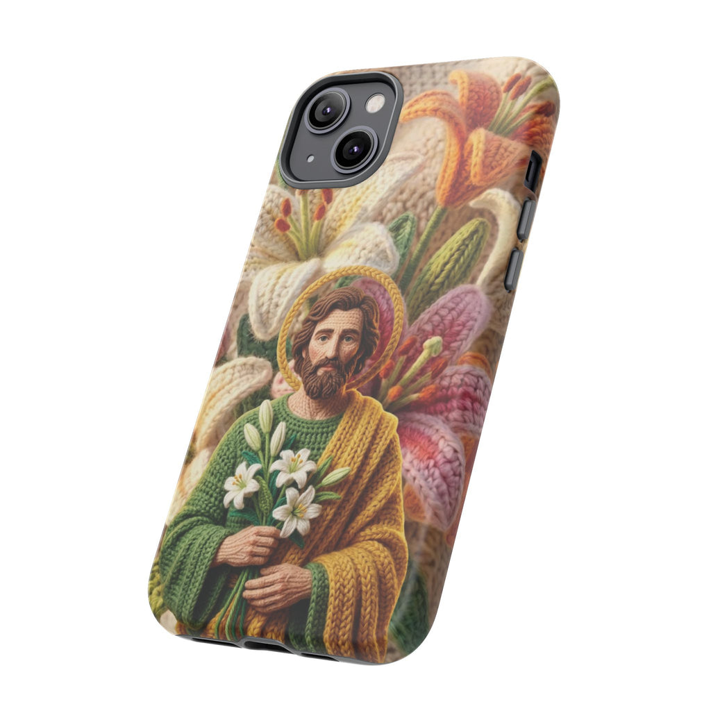 Phone Case Saint Joseph Lilies Design Holy Figure Phone Cover Faith Based Faux Yarn Saint of Workers Gift Samsung iPhone Pixel Models