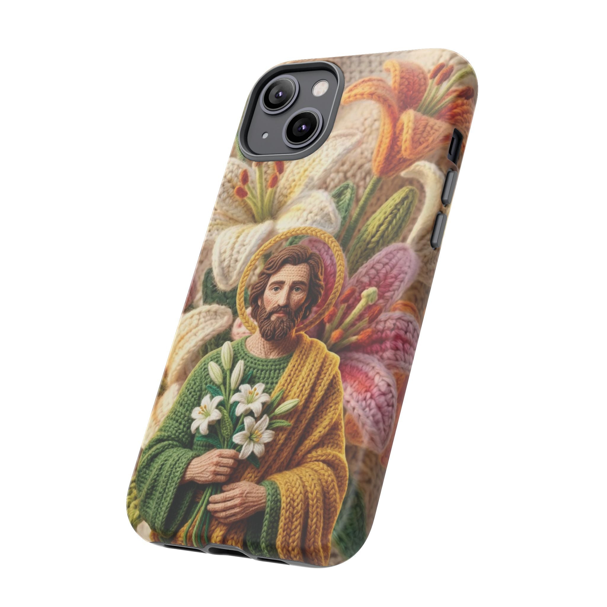 Phone Case Saint Joseph Lilies Design Holy Figure Phone Cover Faith Based Faux Yarn Saint of Workers Gift Samsung iPhone Pixel Models