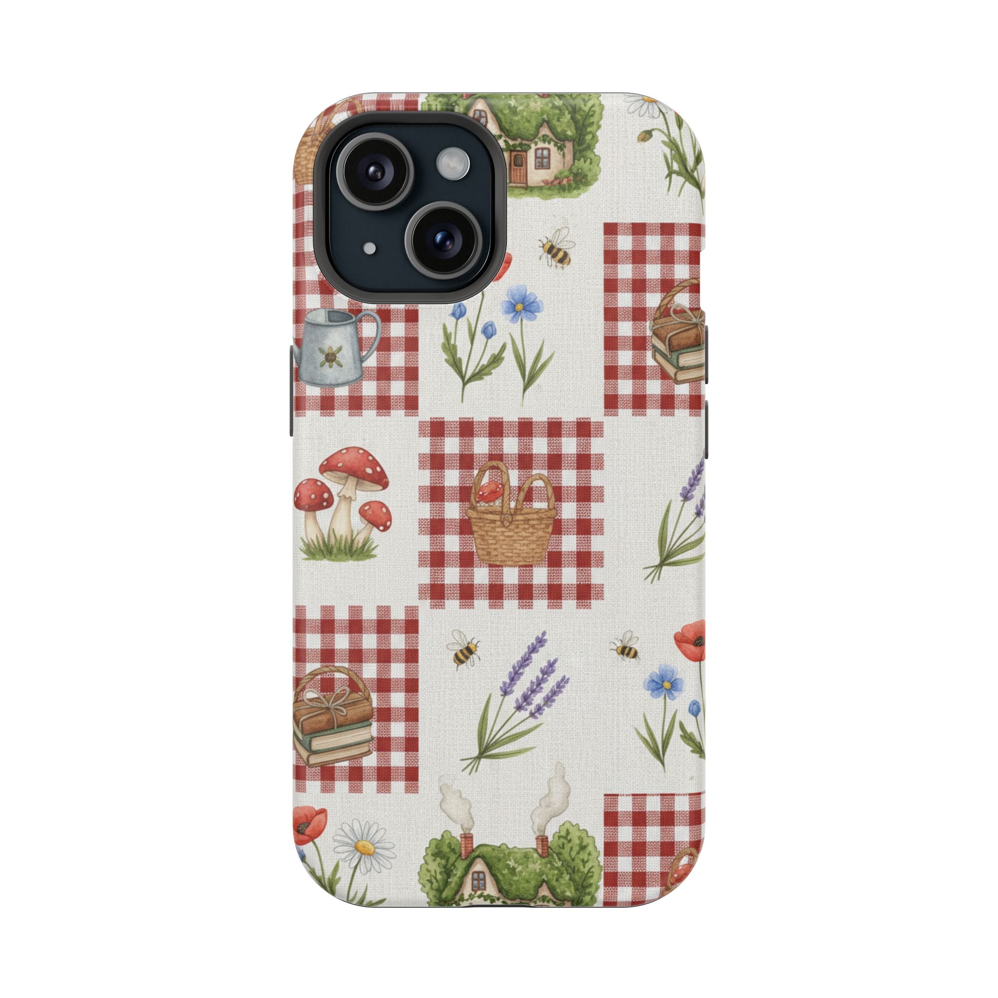 Red Gingham Check Phone Case Rustic Farmhouse Theme Watercolor Countryside Print Whimsical Floral Cell Phone Cover