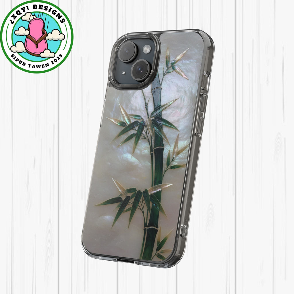 Mother of Pearl Inlay Bamboo Phone Case Nacre Art Green Bamboo Decor Handmade Pearl Shell Unique Iridescent Cover Natural Gift Idea