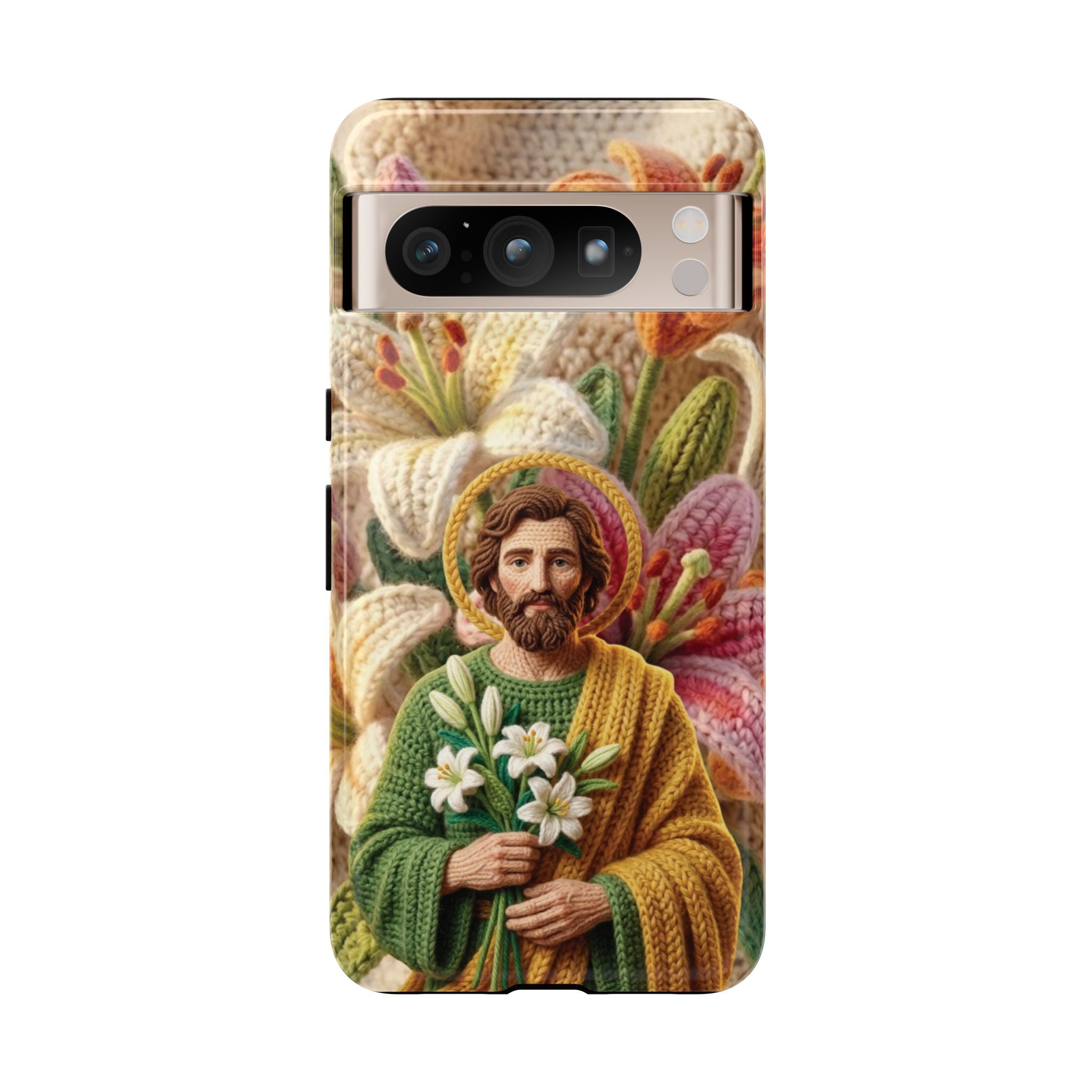 Phone Case Saint Joseph Lilies Design Holy Figure Phone Cover Faith Based Faux Yarn Saint of Workers Gift Samsung iPhone Pixel Models