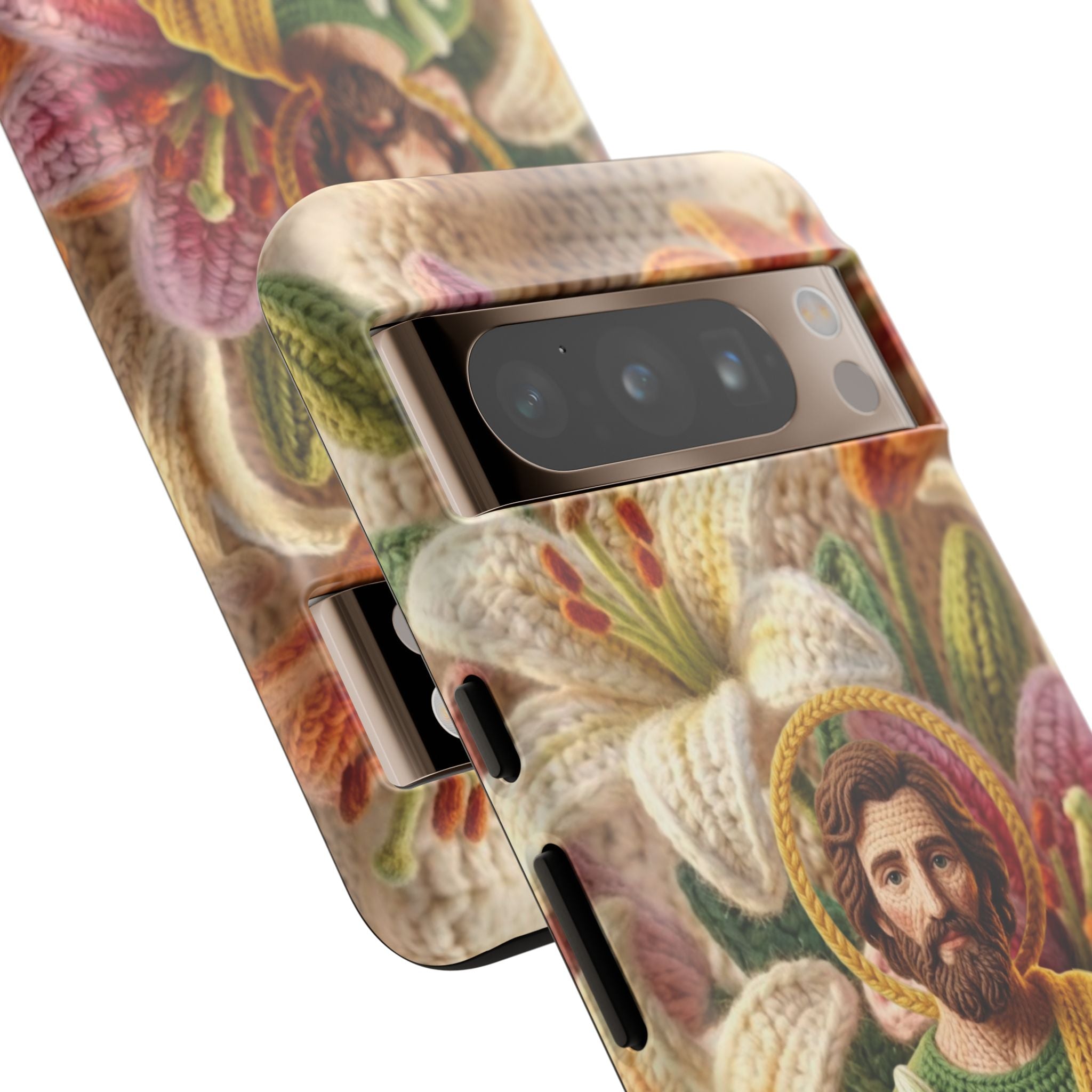 Phone Case Saint Joseph Lilies Design Holy Figure Phone Cover Faith Based Faux Yarn Saint of Workers Gift Samsung iPhone Pixel Models