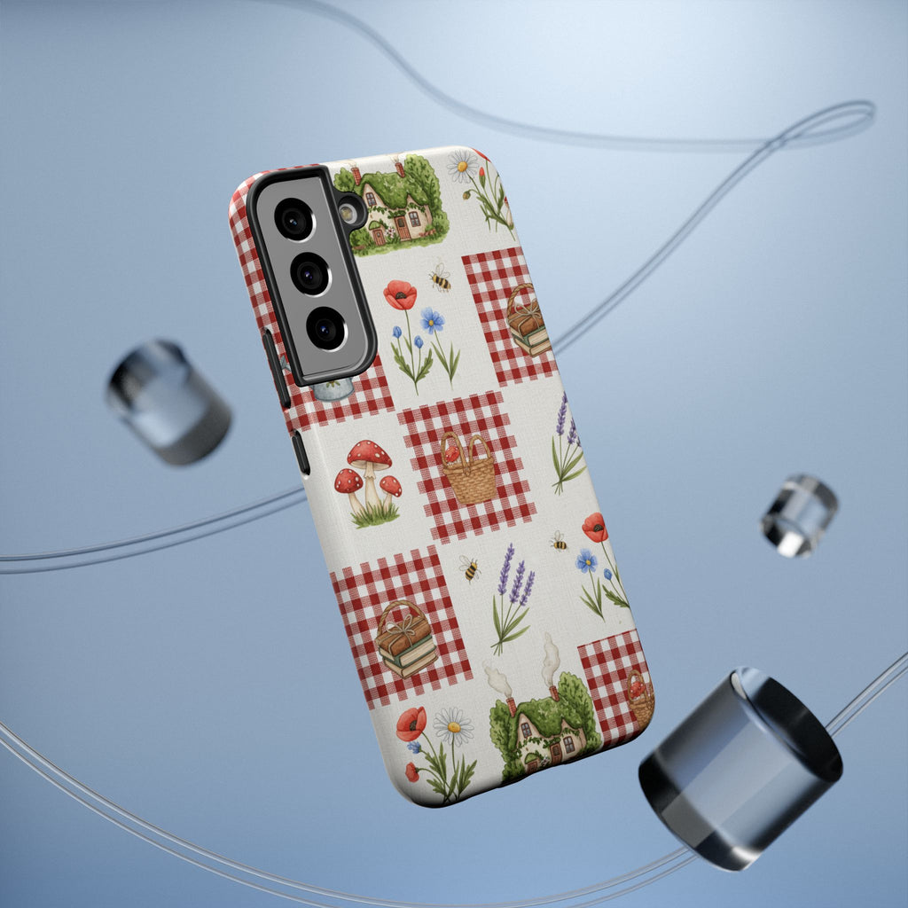 Red Gingham Check Phone Case Rustic Farmhouse Theme Watercolor Countryside Print Whimsical Floral Cell Phone Cover