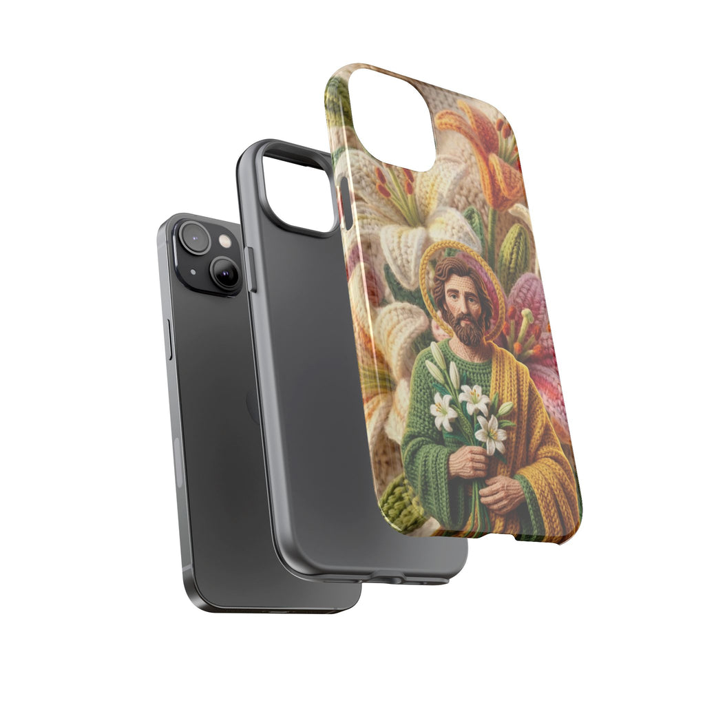 Phone Case Saint Joseph Lilies Design Holy Figure Phone Cover Faith Based Faux Yarn Saint of Workers Gift Samsung iPhone Pixel Models