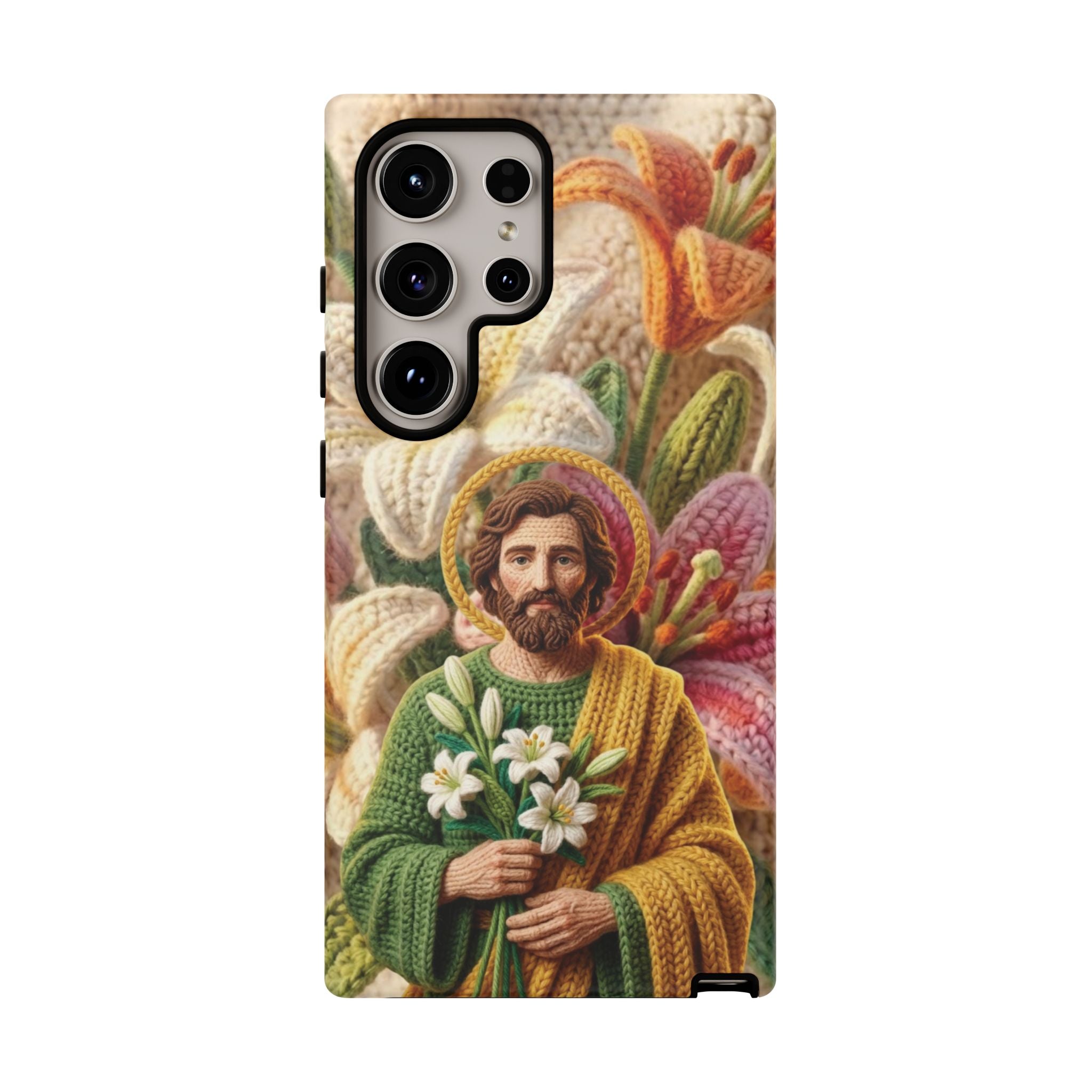 Phone Case Saint Joseph Lilies Design Holy Figure Phone Cover Faith Based Faux Yarn Saint of Workers Gift Samsung iPhone Pixel Models
