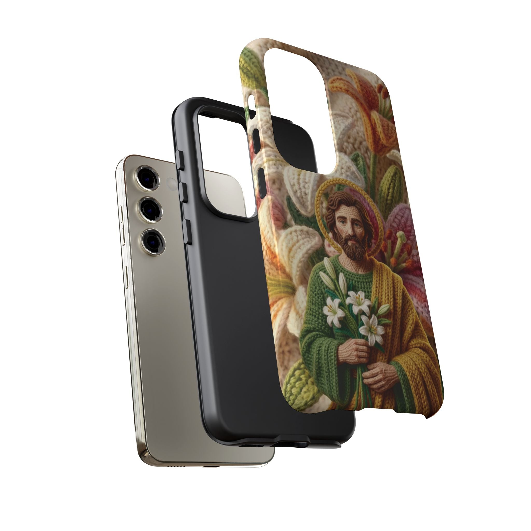 Phone Case Saint Joseph Lilies Design Holy Figure Phone Cover Faith Based Faux Yarn Saint of Workers Gift Samsung iPhone Pixel Models