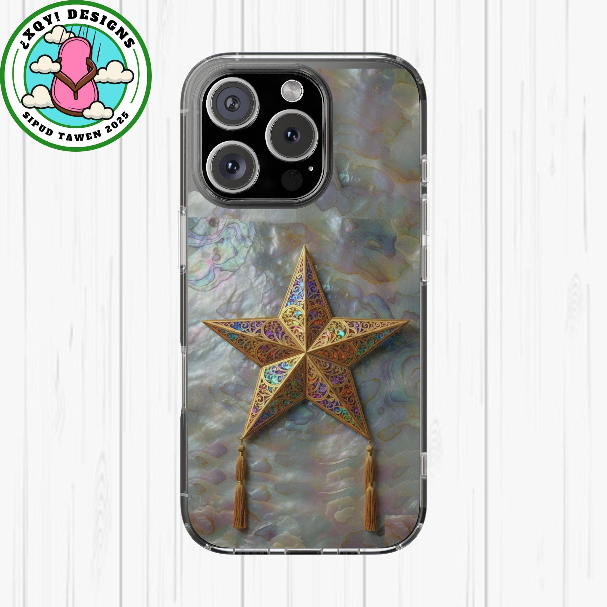 Golden Star Ornament Phone Case Mother of Pearl Background Nacre Texture Festive Celestial Decor Parol Inspired Shimmering Pearl Shell Gift