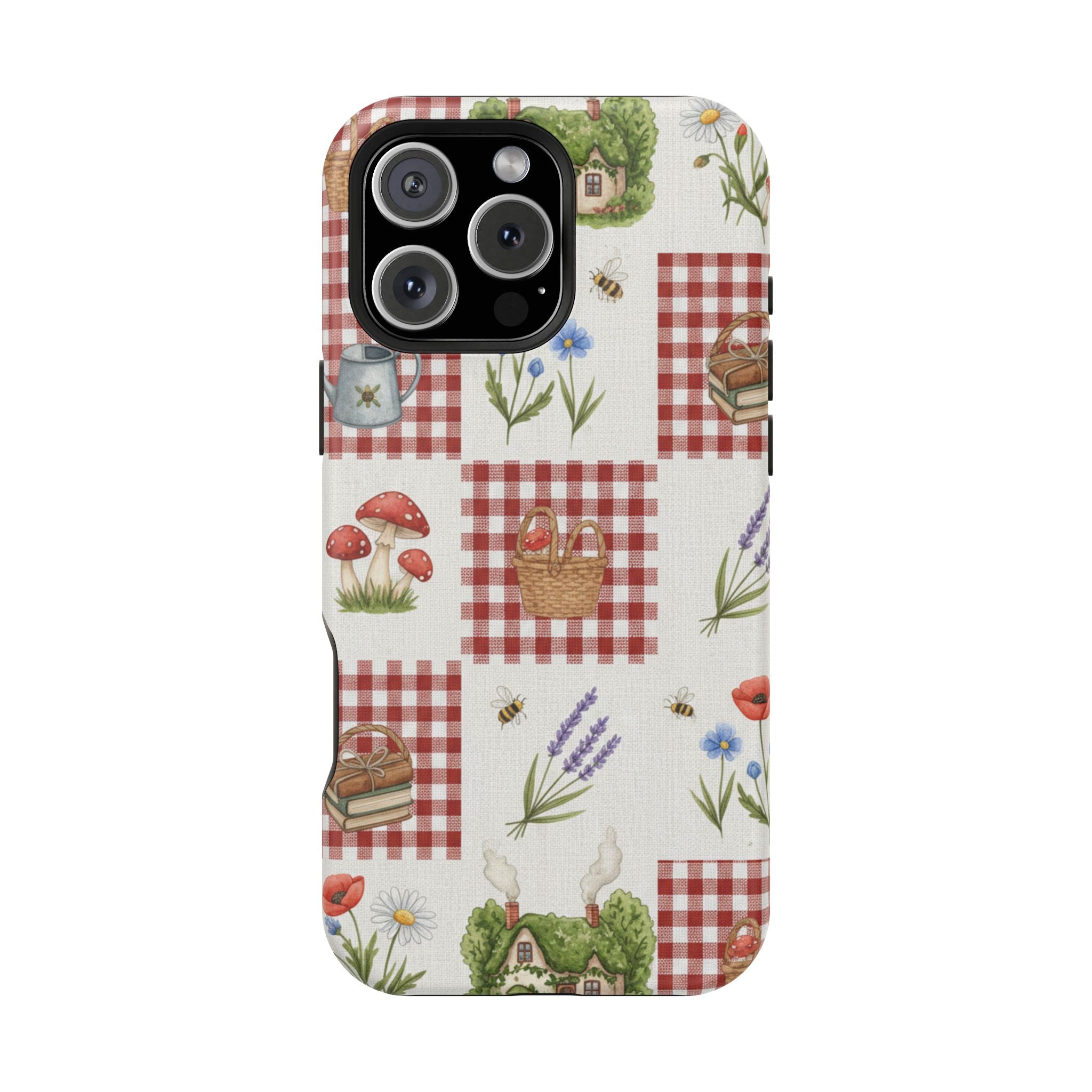 Red Gingham Check Phone Case Rustic Farmhouse Theme Watercolor Countryside Print Whimsical Floral Cell Phone Cover