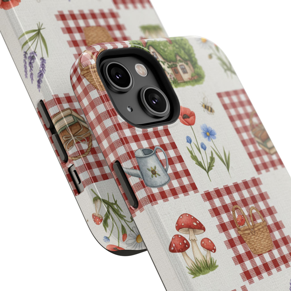 Red Gingham Check Phone Case Rustic Farmhouse Theme Watercolor Countryside Print Whimsical Floral Cell Phone Cover