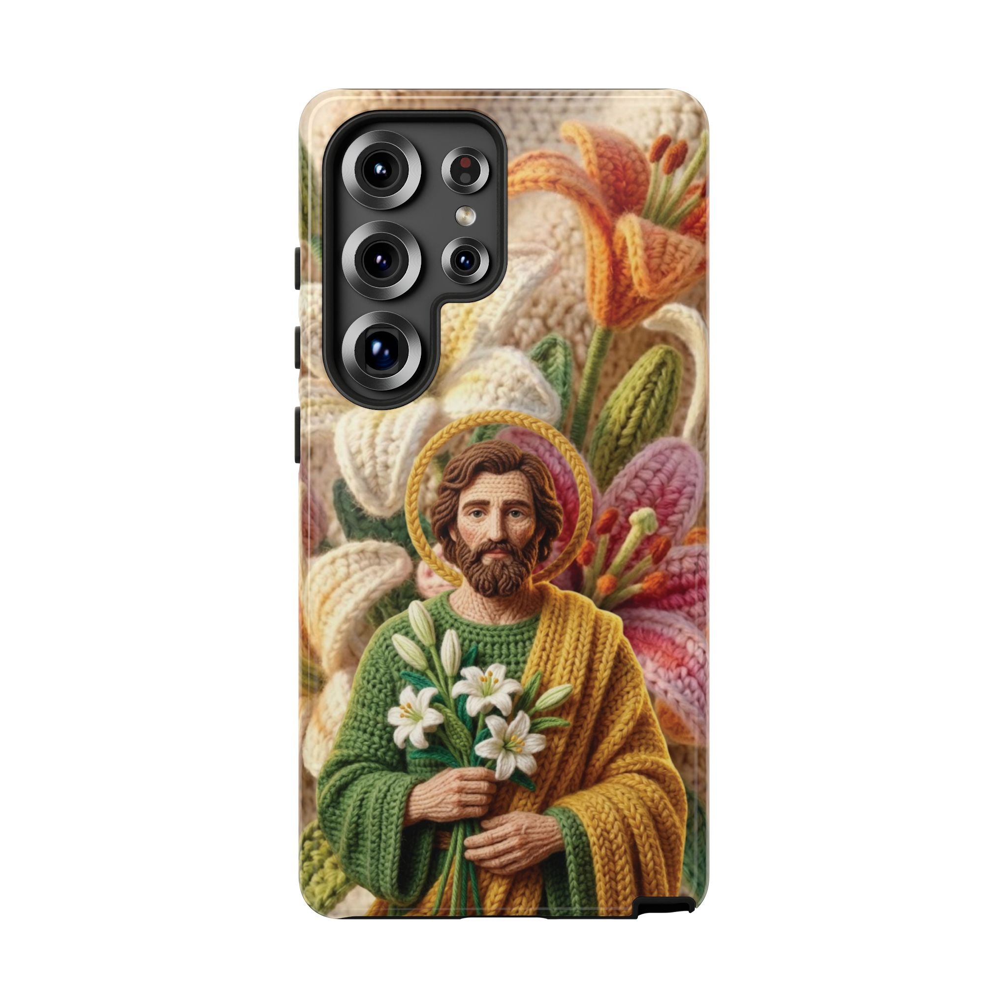 Phone Case Saint Joseph Lilies Design Holy Figure Phone Cover Faith Based Faux Yarn Saint of Workers Gift Samsung iPhone Pixel Models