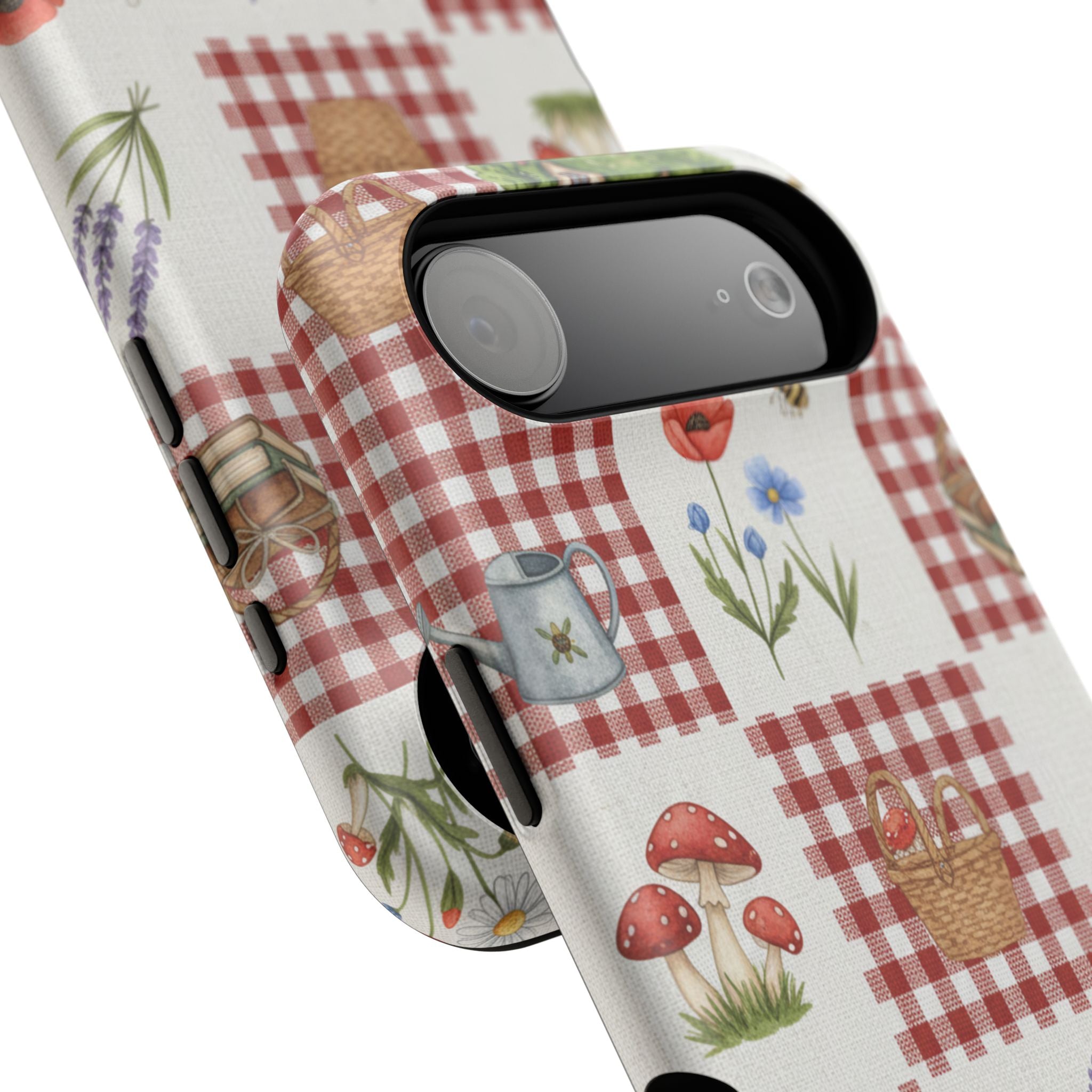 Red Gingham Check Phone Case Rustic Farmhouse Theme Watercolor Countryside Print Whimsical Floral Cell Phone Cover