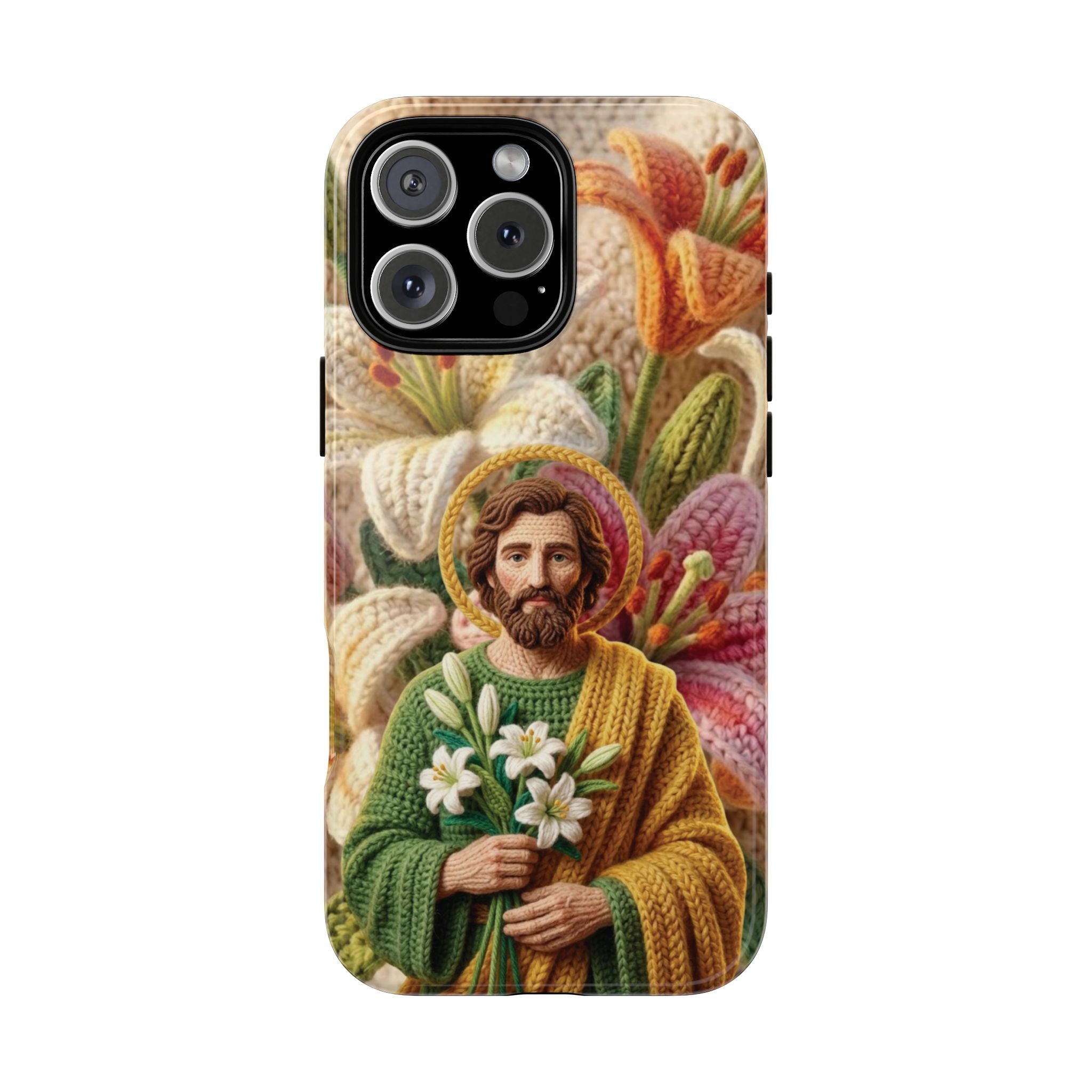 Phone Case Saint Joseph Lilies Design Holy Figure Phone Cover Faith Based Faux Yarn Saint of Workers Gift Samsung iPhone Pixel Models