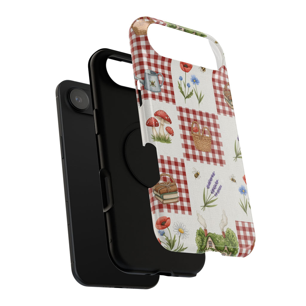 Red Gingham Check Phone Case Rustic Farmhouse Theme Watercolor Countryside Print Whimsical Floral Cell Phone Cover