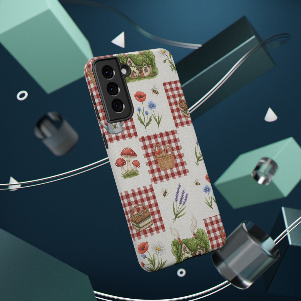 Red Gingham Check Phone Case Rustic Farmhouse Theme Watercolor Countryside Print Whimsical Floral Cell Phone Cover