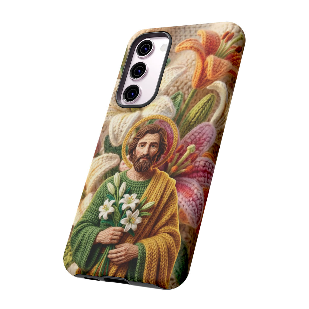 Phone Case Saint Joseph Lilies Design Holy Figure Phone Cover Faith Based Faux Yarn Saint of Workers Gift Samsung iPhone Pixel Models