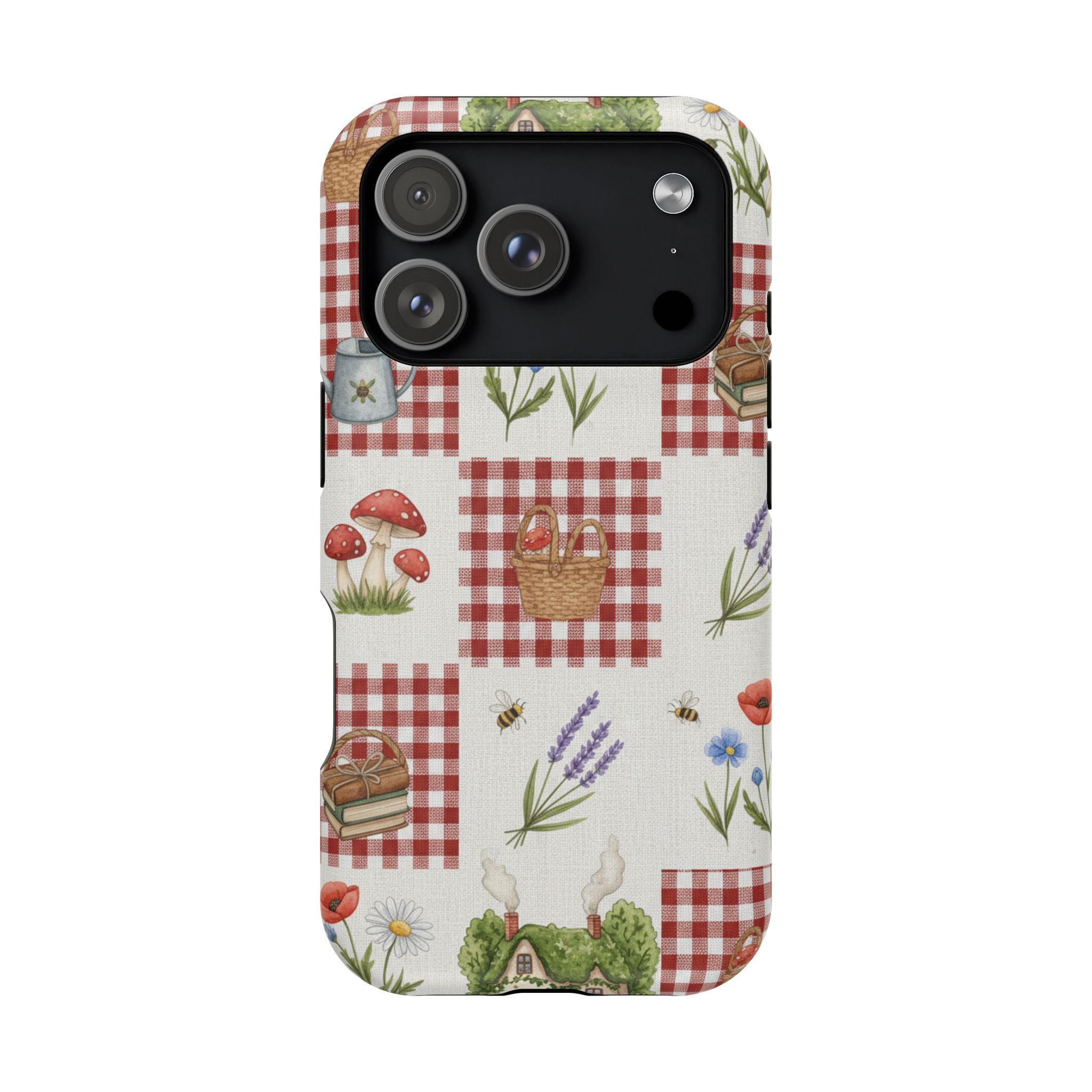 Red Gingham Check Phone Case Rustic Farmhouse Theme Watercolor Countryside Print Whimsical Floral Cell Phone Cover