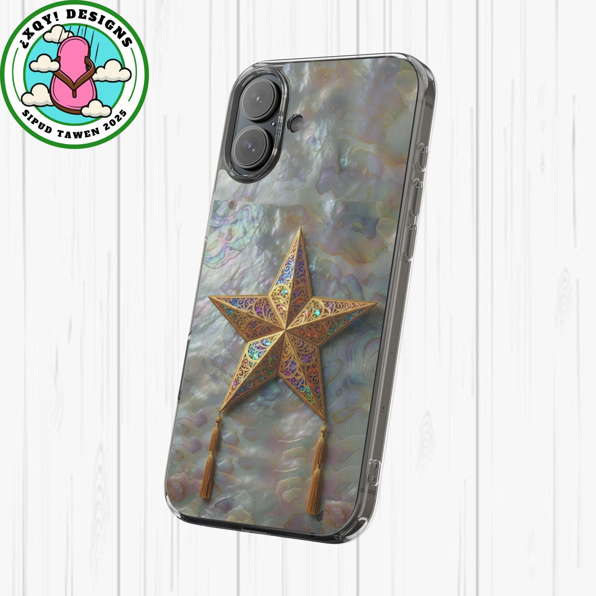 Golden Star Ornament Phone Case Mother of Pearl Background Nacre Texture Festive Celestial Decor Parol Inspired Shimmering Pearl Shell Gift