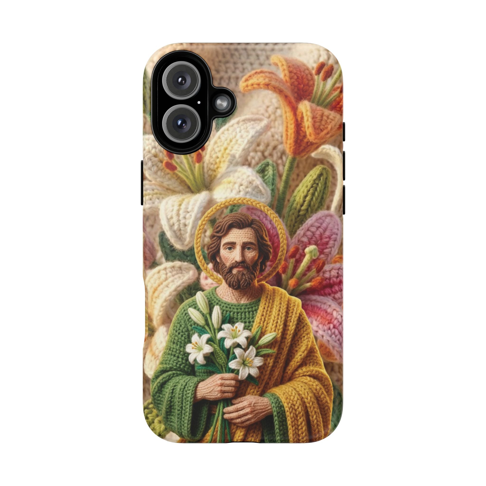 Phone Case Saint Joseph Lilies Design Holy Figure Phone Cover Faith Based Faux Yarn Saint of Workers Gift Samsung iPhone Pixel Models