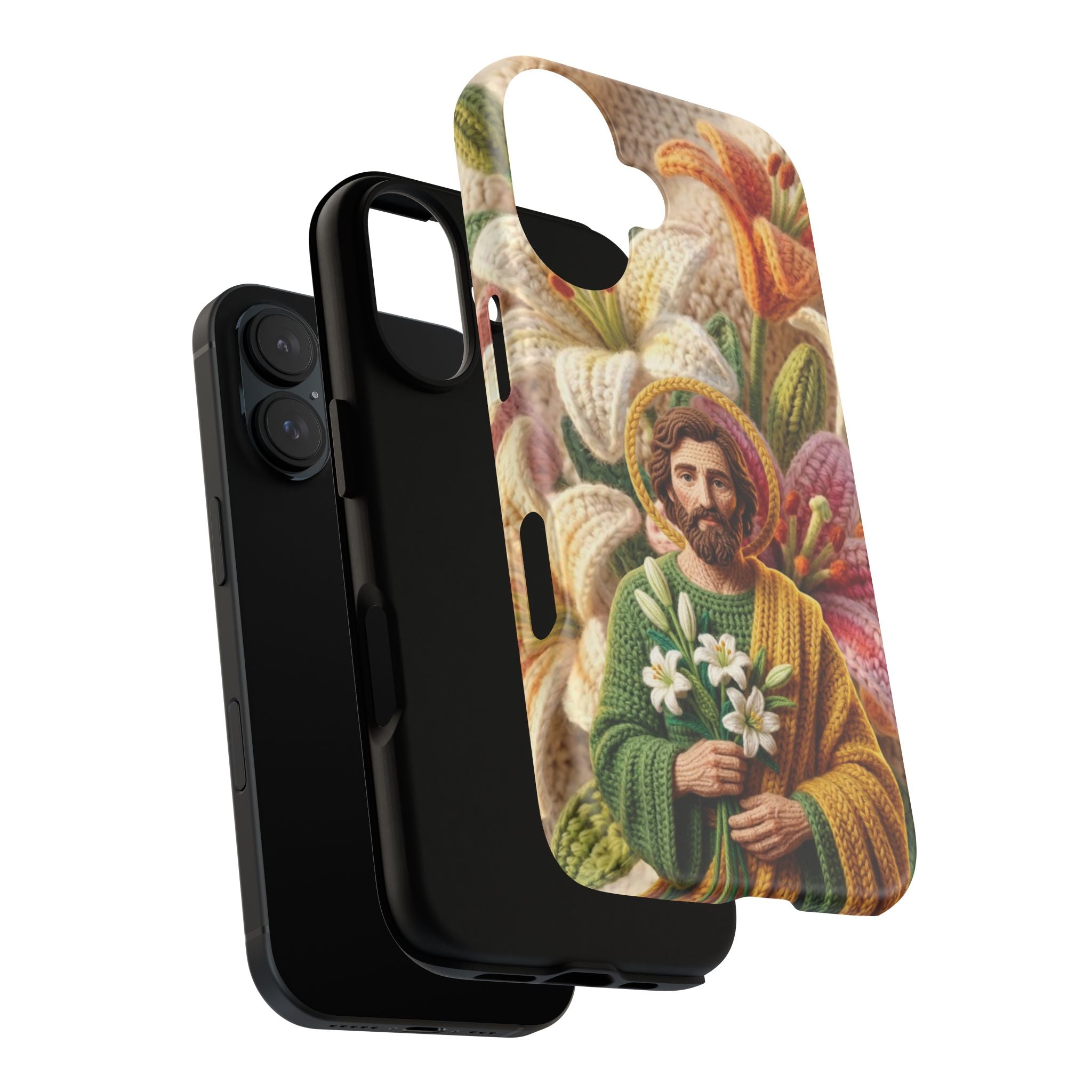 Phone Case Saint Joseph Lilies Design Holy Figure Phone Cover Faith Based Faux Yarn Saint of Workers Gift Samsung iPhone Pixel Models