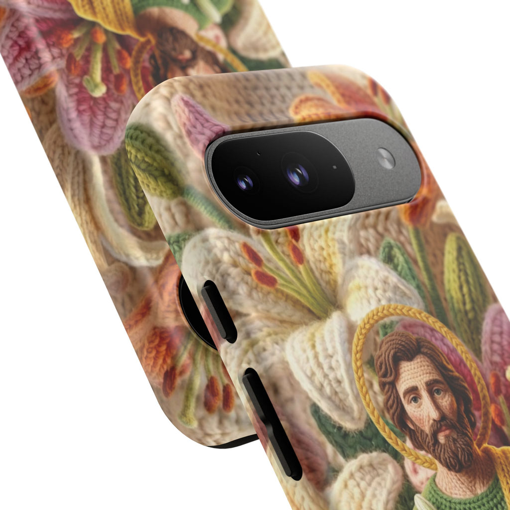 Phone Case Saint Joseph Lilies Design Holy Figure Phone Cover Faith Based Faux Yarn Saint of Workers Gift Samsung iPhone Pixel Models