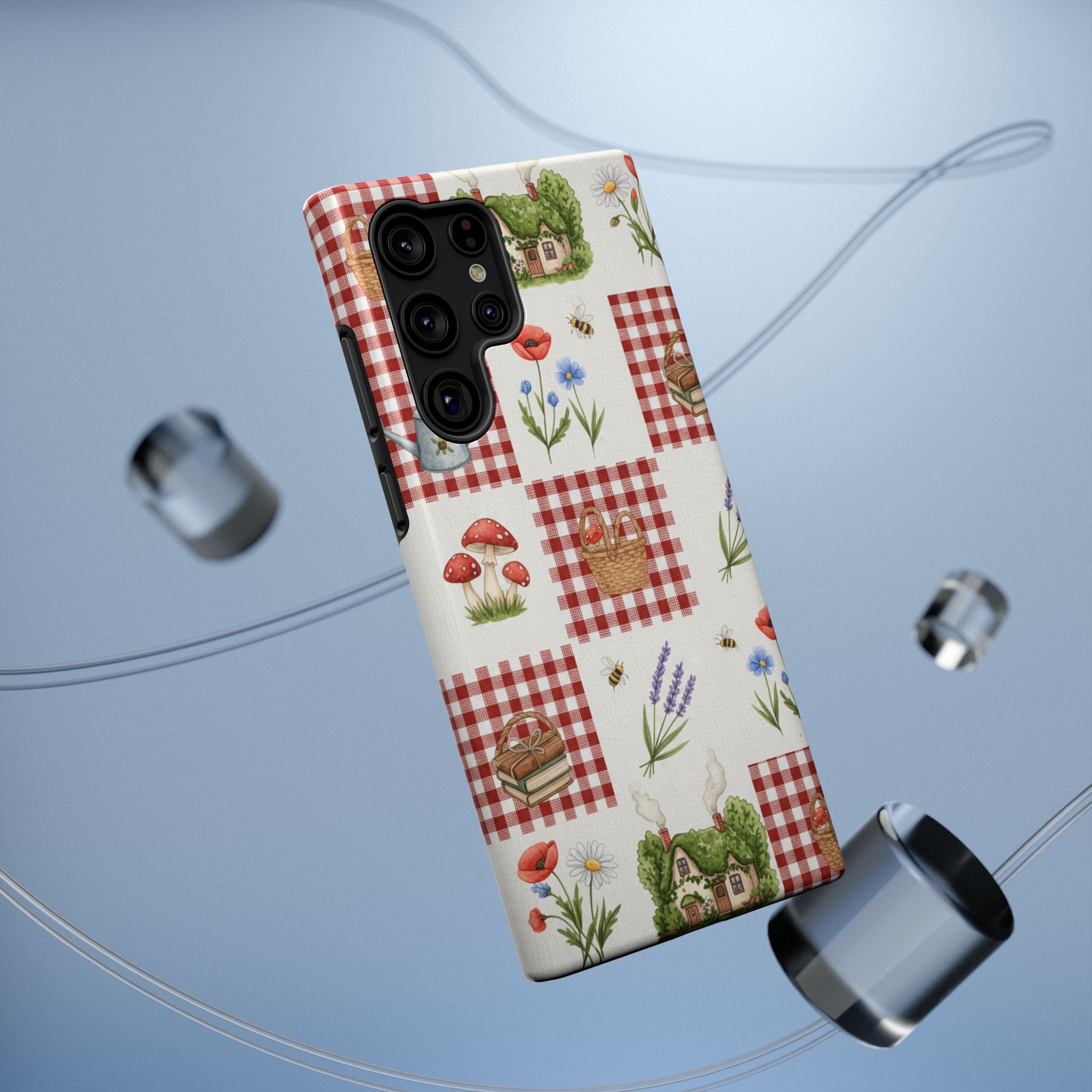 Red Gingham Check Phone Case Rustic Farmhouse Theme Watercolor Countryside Print Whimsical Floral Cell Phone Cover