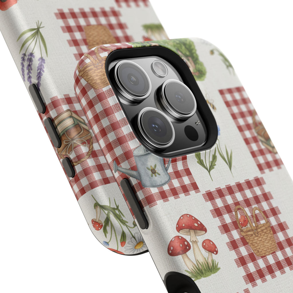 Red Gingham Check Phone Case Rustic Farmhouse Theme Watercolor Countryside Print Whimsical Floral Cell Phone Cover