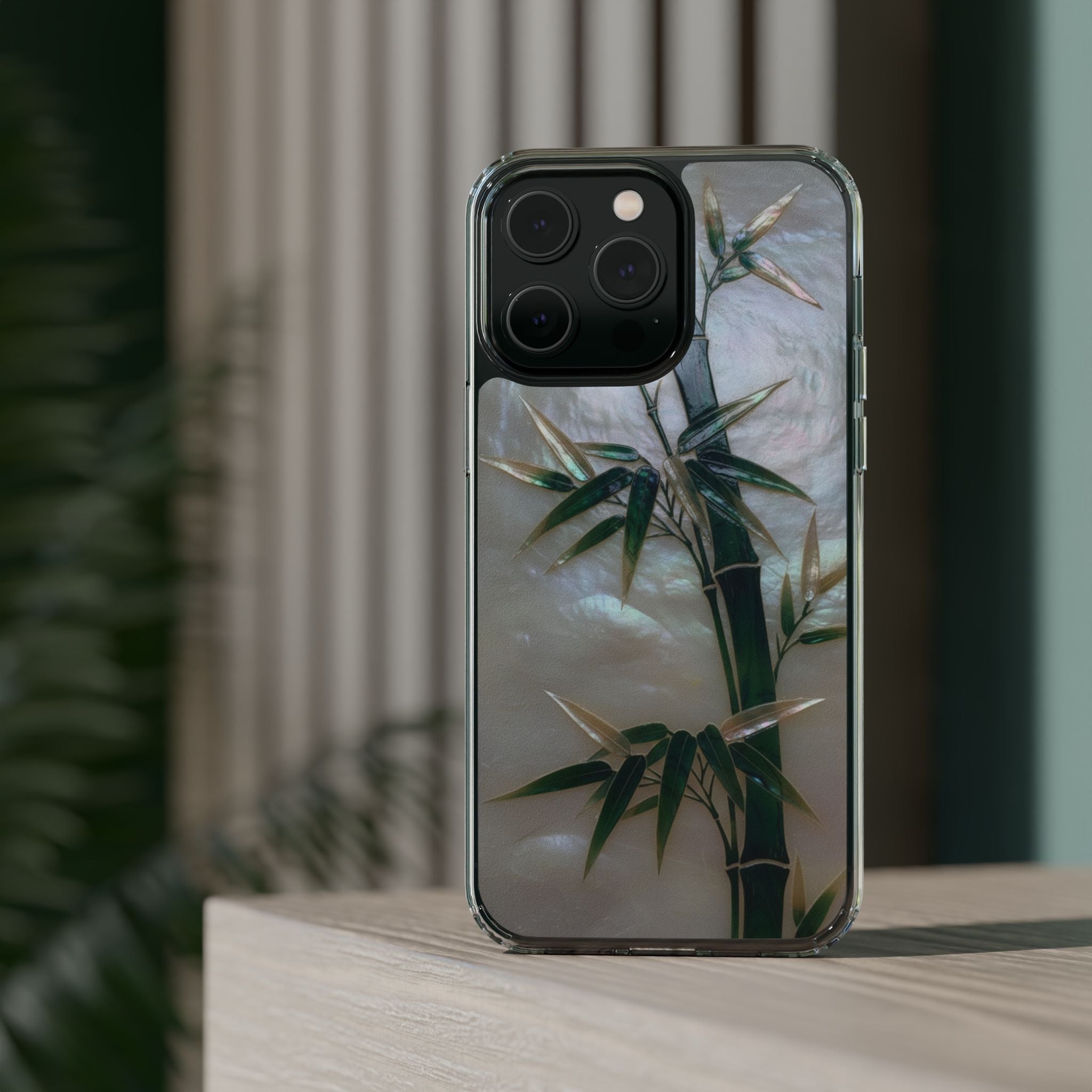 Mother of Pearl Inlay Bamboo Phone Case Nacre Art Green Bamboo Decor Handmade Pearl Shell Unique Iridescent Cover Natural Gift Idea