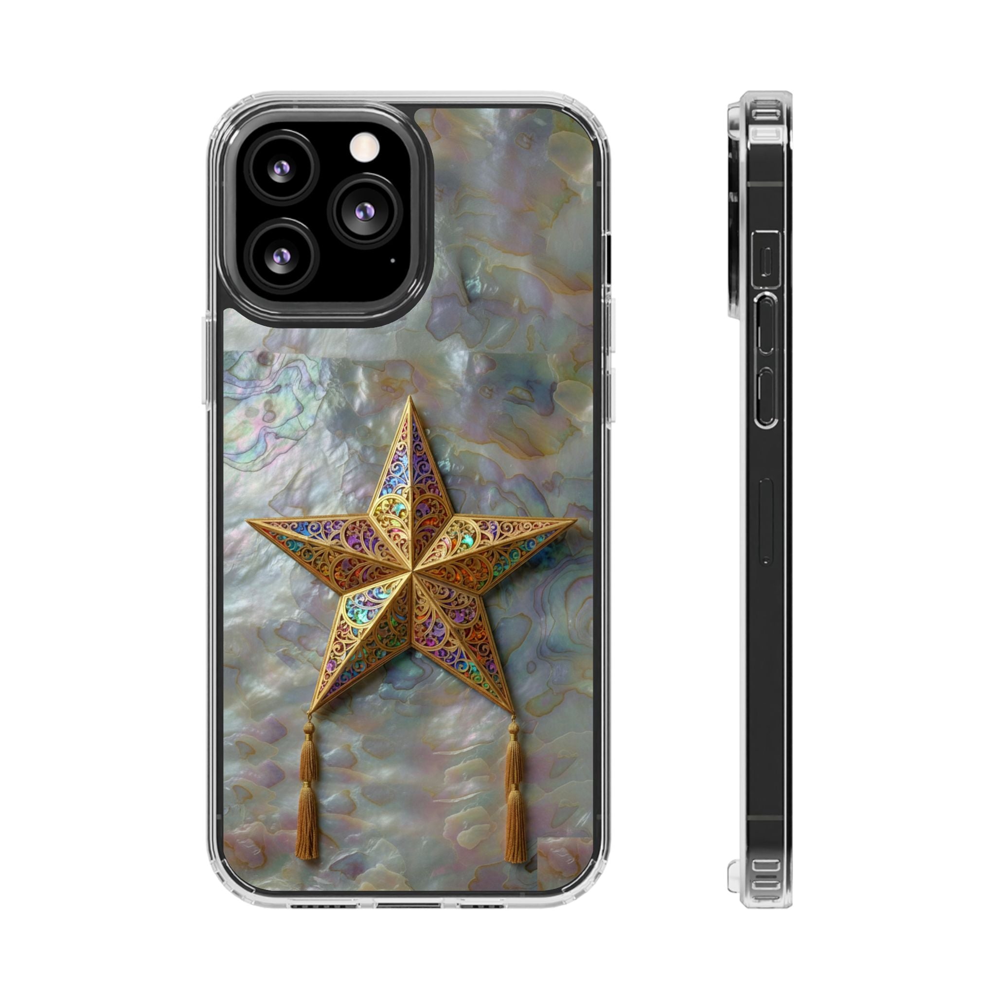 Golden Star Ornament Phone Case Mother of Pearl Background Nacre Texture Festive Celestial Decor Parol Inspired Shimmering Pearl Shell Gift