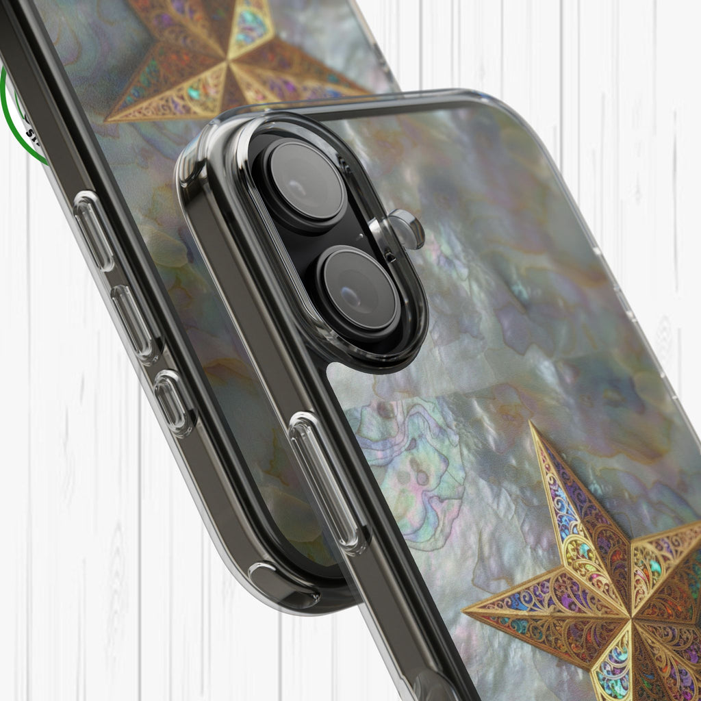 Golden Star Ornament Phone Case Mother of Pearl Background Nacre Texture Festive Celestial Decor Parol Inspired Shimmering Pearl Shell Gift