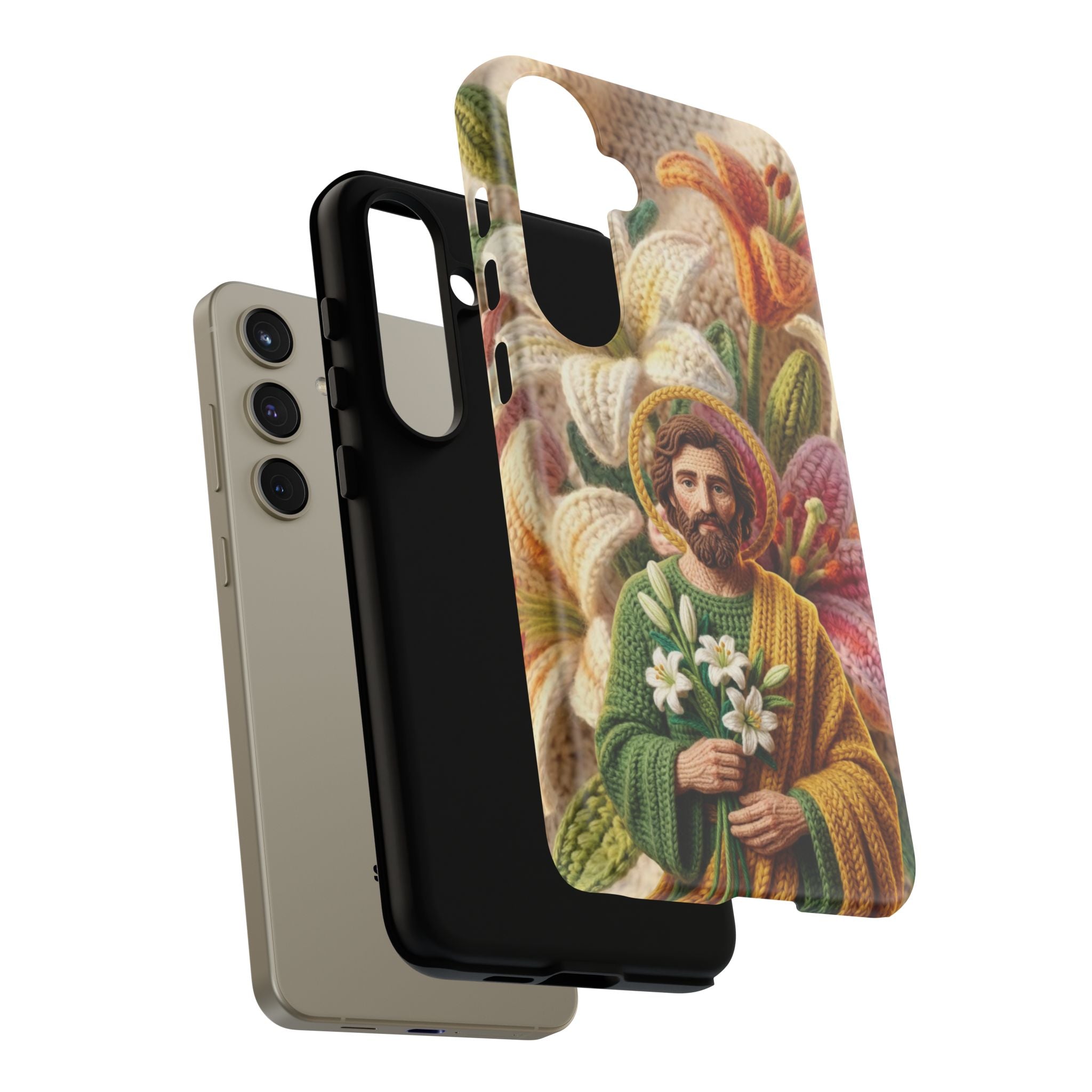 Phone Case Saint Joseph Lilies Design Holy Figure Phone Cover Faith Based Faux Yarn Saint of Workers Gift Samsung iPhone Pixel Models