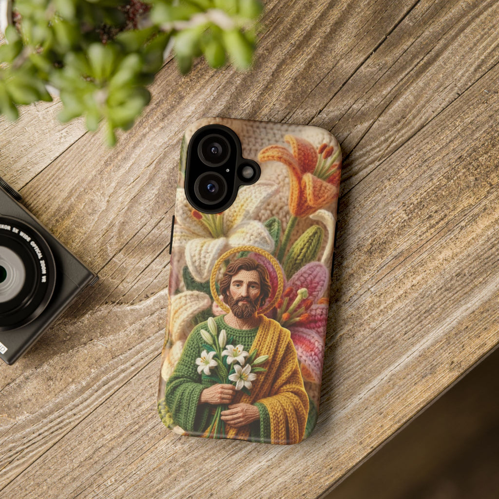 Phone Case Saint Joseph Lilies Design Holy Figure Phone Cover Faith Based Faux Yarn Saint of Workers Gift Samsung iPhone Pixel Models