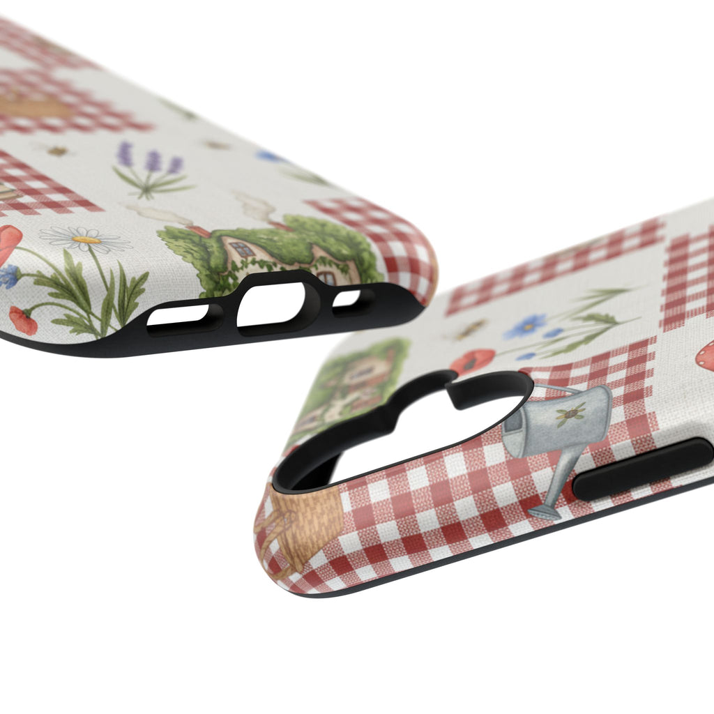 Red Gingham Check Phone Case Rustic Farmhouse Theme Watercolor Countryside Print Whimsical Floral Cell Phone Cover