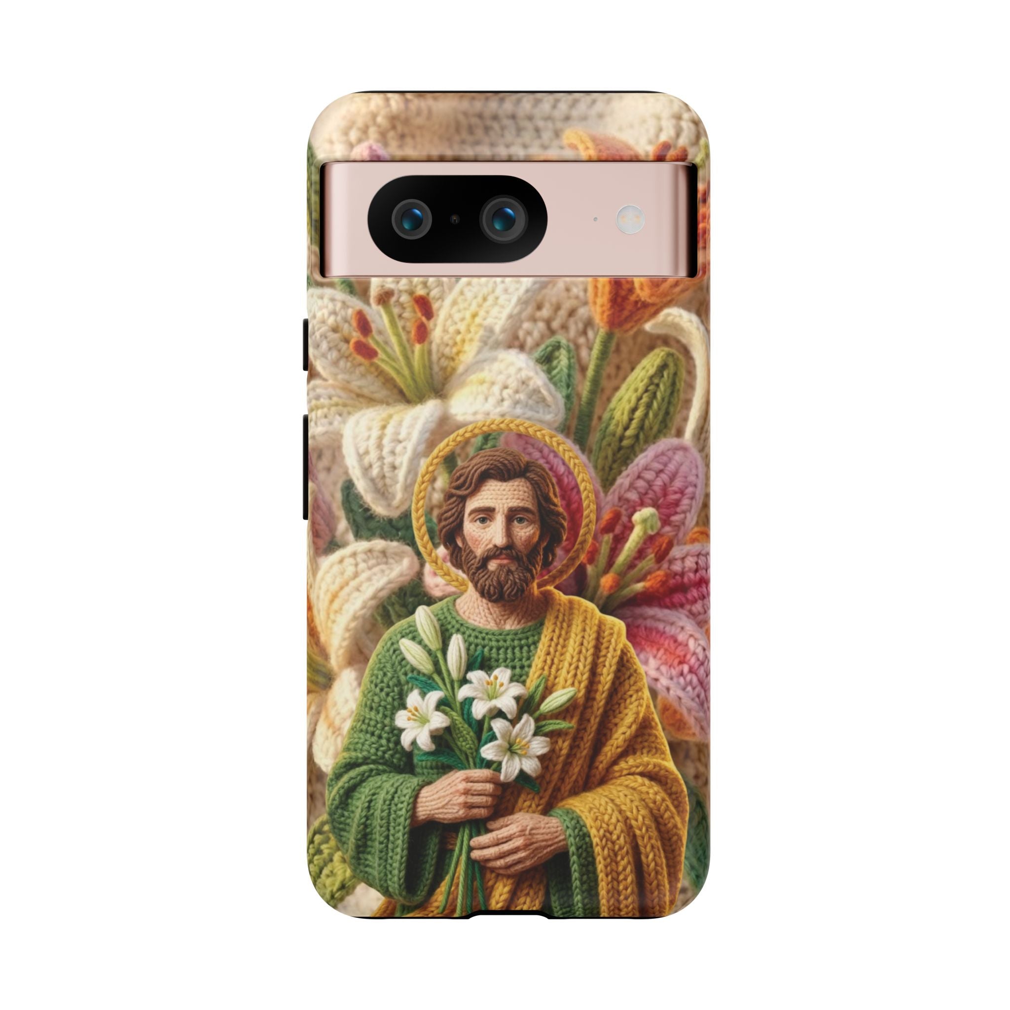 Phone Case Saint Joseph Lilies Design Holy Figure Phone Cover Faith Based Faux Yarn Saint of Workers Gift Samsung iPhone Pixel Models