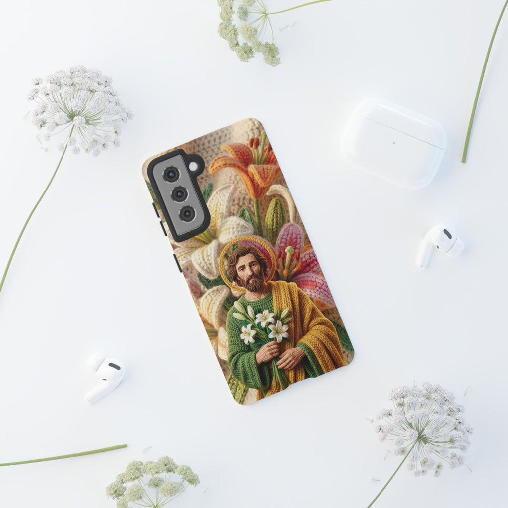 Phone Case Saint Joseph Lilies Design Holy Figure Phone Cover Faith Based Faux Yarn Saint of Workers Gift Samsung iPhone Pixel Models