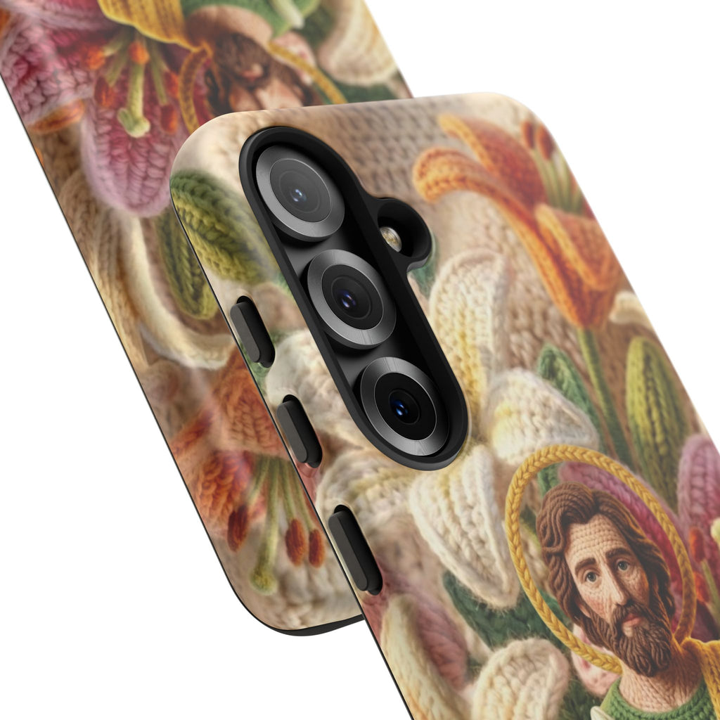 Phone Case Saint Joseph Lilies Design Holy Figure Phone Cover Faith Based Faux Yarn Saint of Workers Gift Samsung iPhone Pixel Models