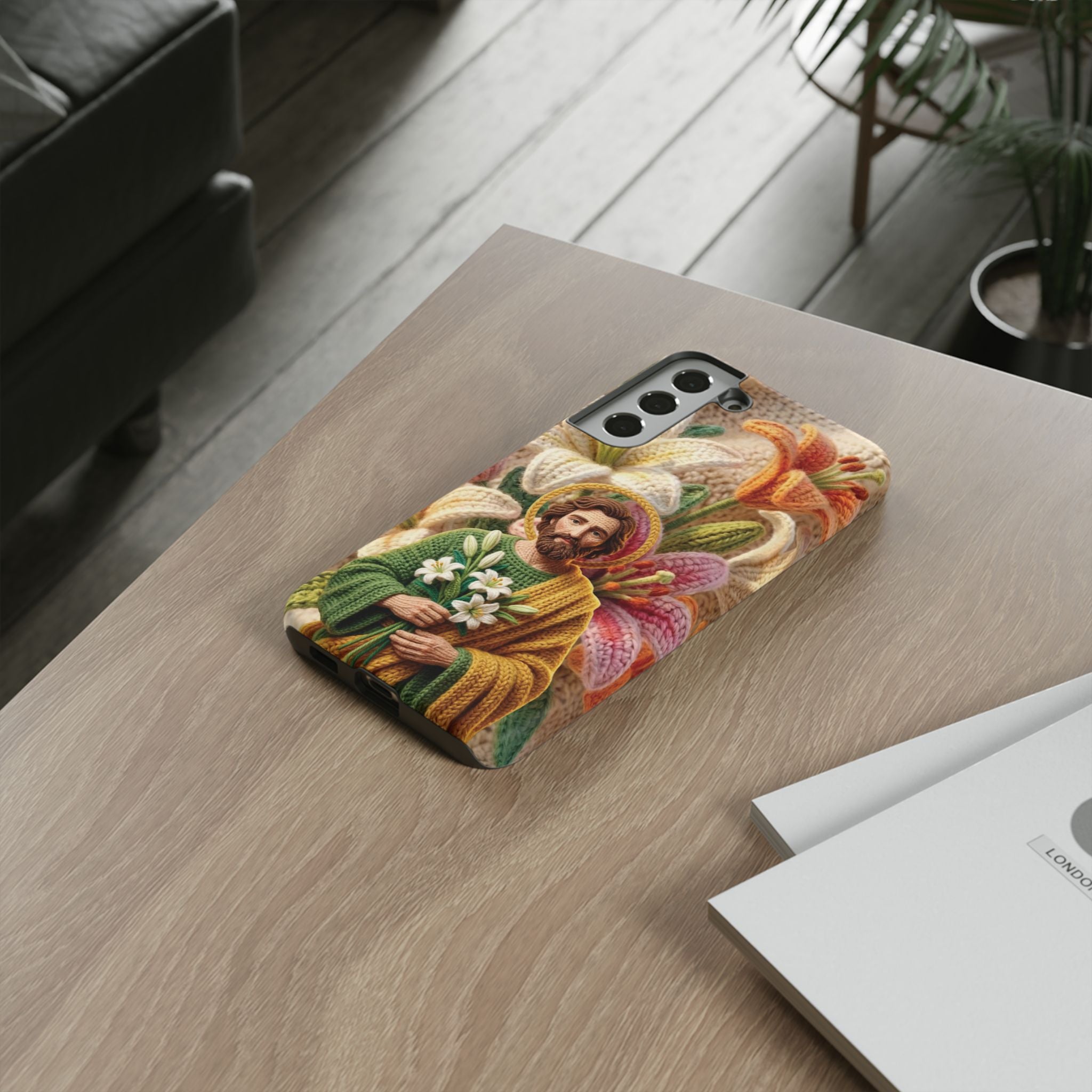 Phone Case Saint Joseph Lilies Design Holy Figure Phone Cover Faith Based Faux Yarn Saint of Workers Gift Samsung iPhone Pixel Models