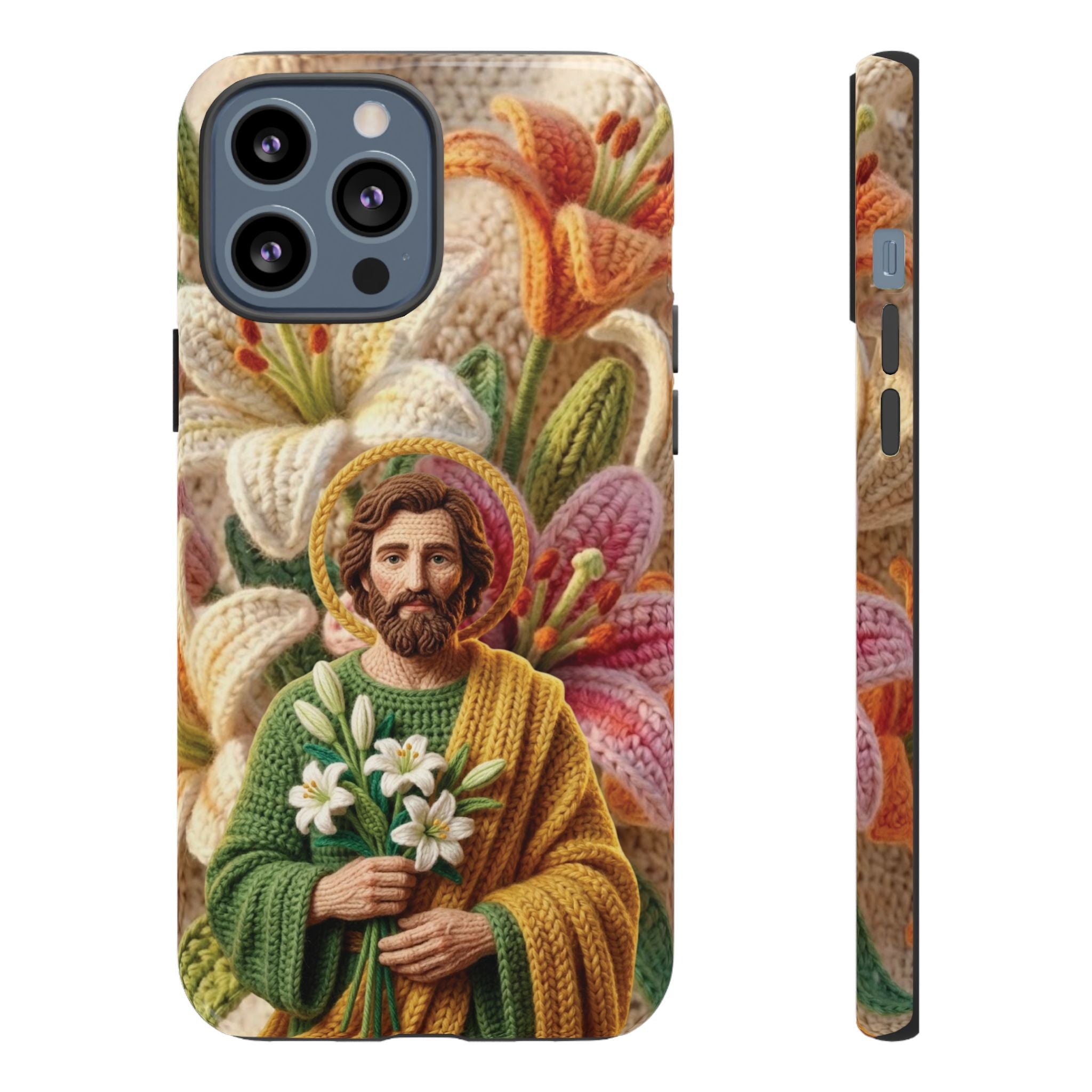 Phone Case Saint Joseph Lilies Design Holy Figure Phone Cover Faith Based Faux Yarn Saint of Workers Gift Samsung iPhone Pixel Models