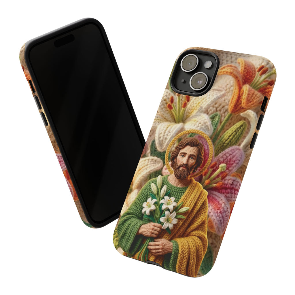 Phone Case Saint Joseph Lilies Design Holy Figure Phone Cover Faith Based Faux Yarn Saint of Workers Gift Samsung iPhone Pixel Models