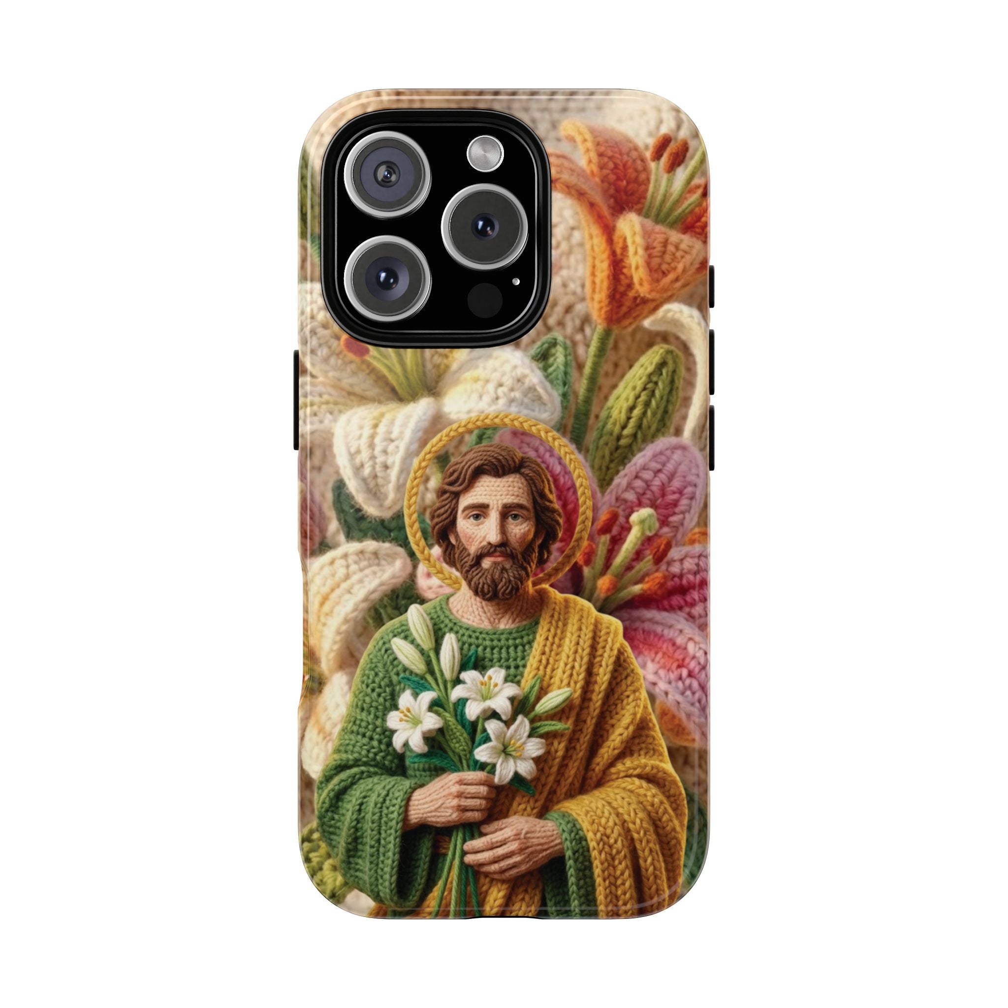 Phone Case Saint Joseph Lilies Design Holy Figure Phone Cover Faith Based Faux Yarn Saint of Workers Gift Samsung iPhone Pixel Models