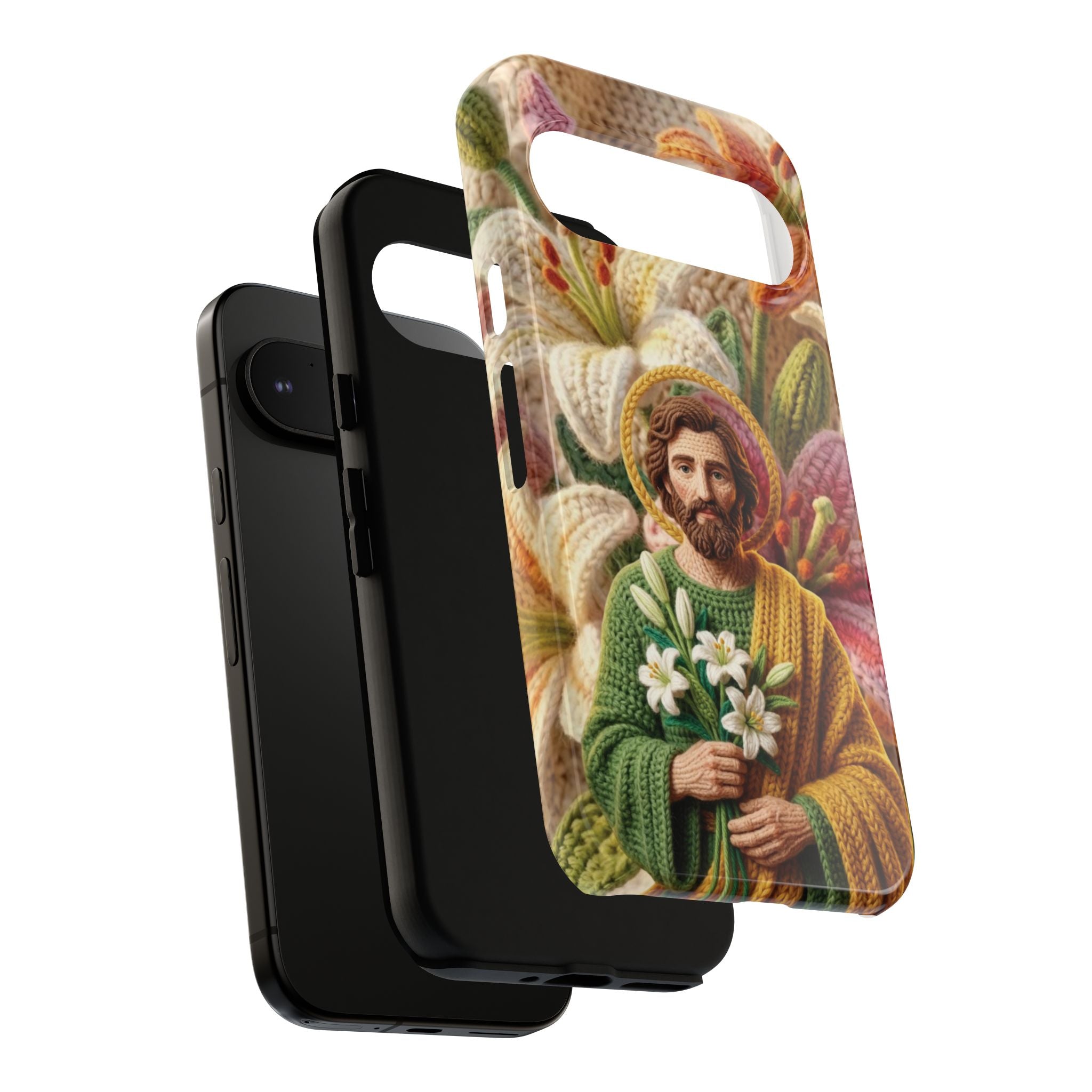Phone Case Saint Joseph Lilies Design Holy Figure Phone Cover Faith Based Faux Yarn Saint of Workers Gift Samsung iPhone Pixel Models