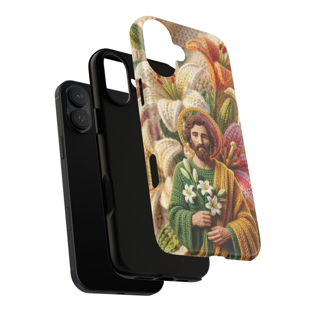 Phone Case Saint Joseph Lilies Design Holy Figure Phone Cover Faith Based Faux Yarn Saint of Workers Gift Samsung iPhone Pixel Models